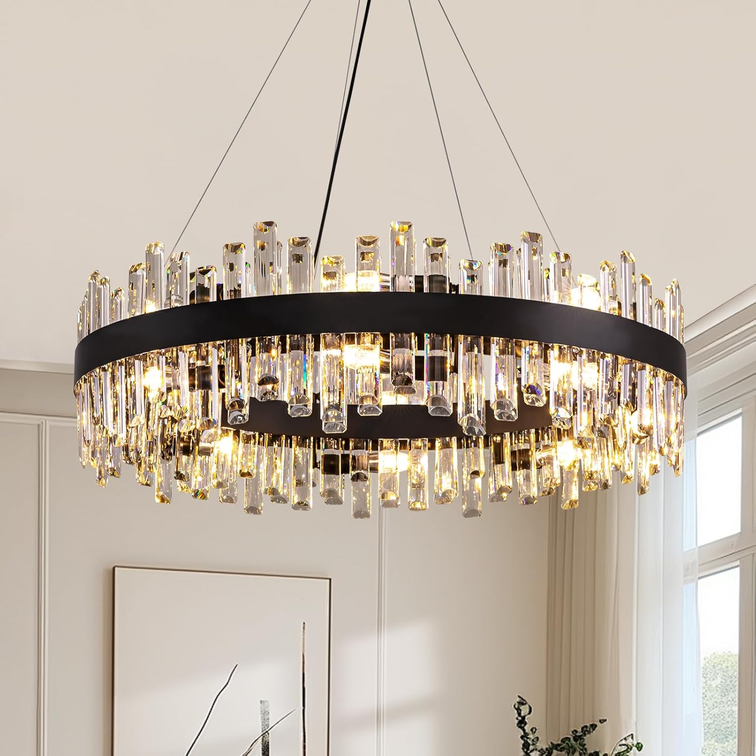 31.5" 2-Tier Modern Black Crystal Raindrop Chandelier