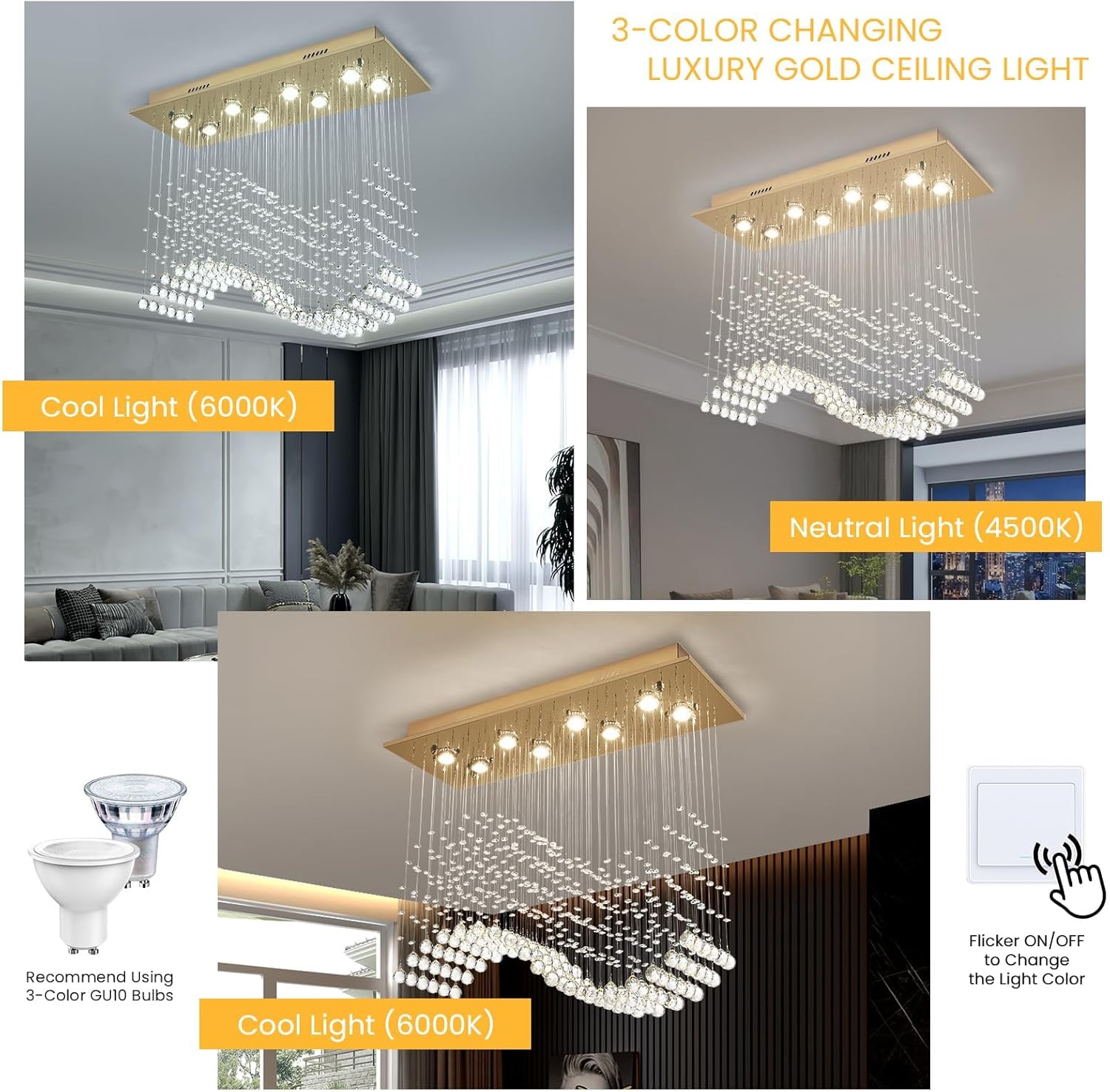 Gold Wave Crystal Chandelier 8-Light Rectangle