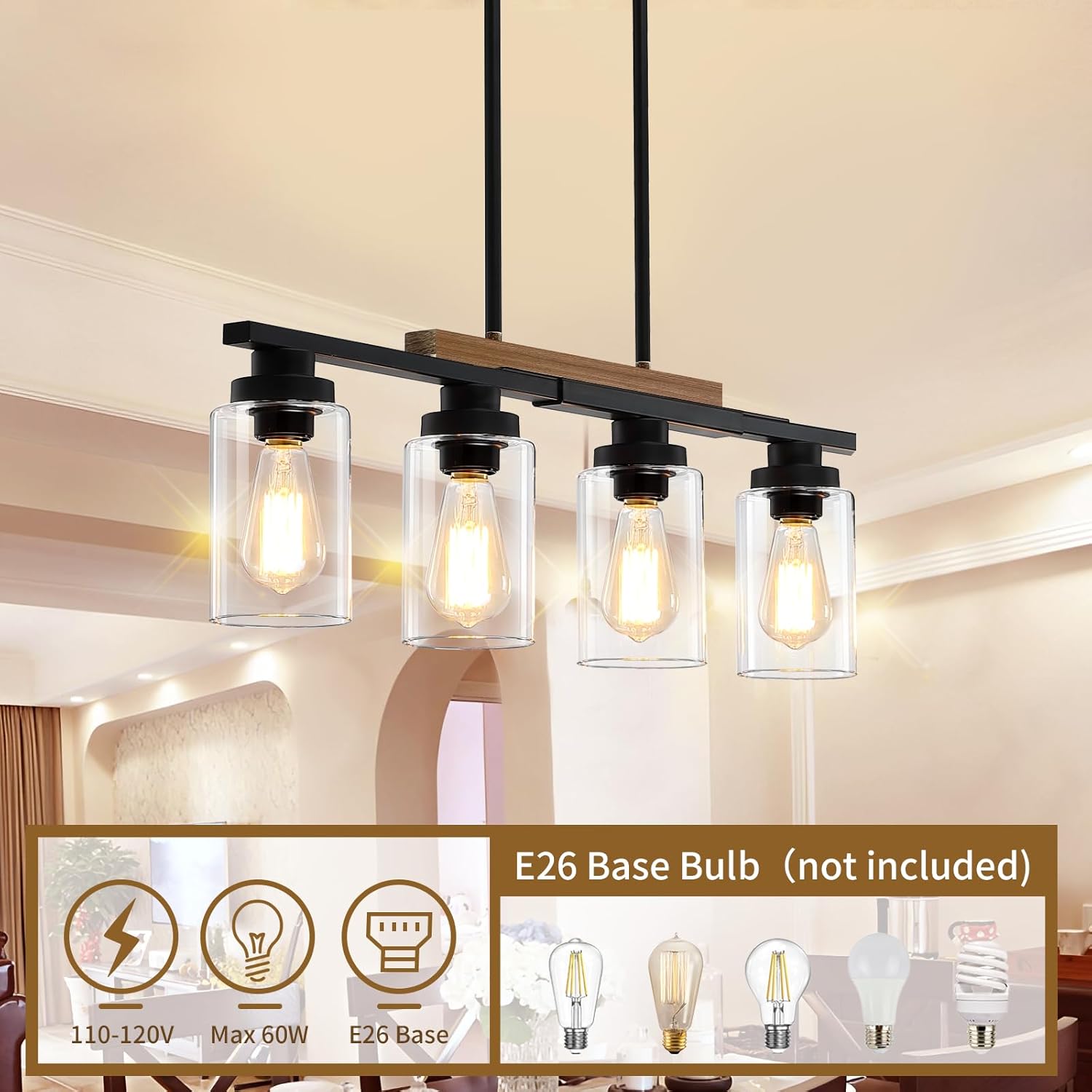 Farmhouse 4-Light Kitchen Island Lighting – Modern Wood Chandelier