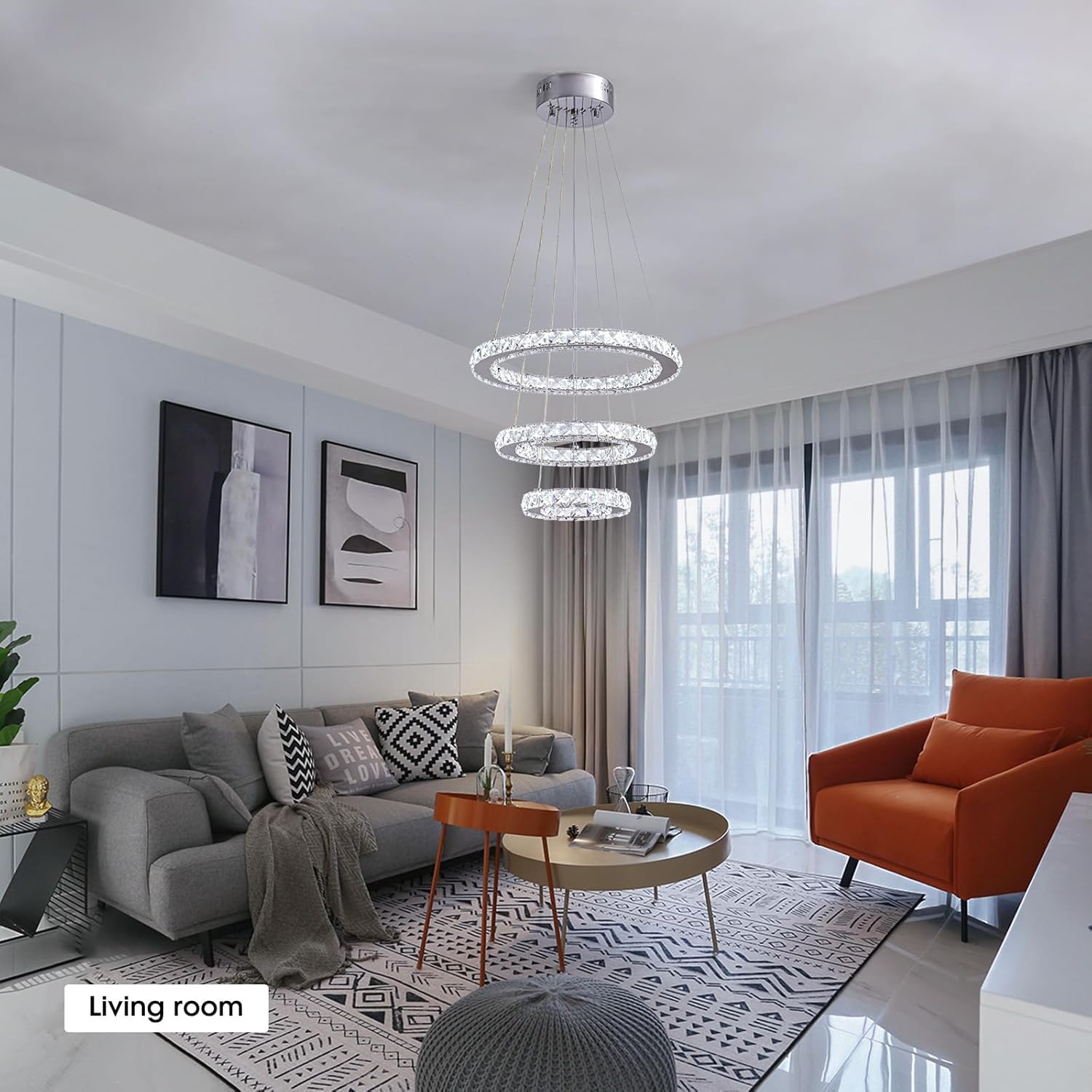 Modern Crystal LED Chandelier – 3-Ring Silver Pendant Light