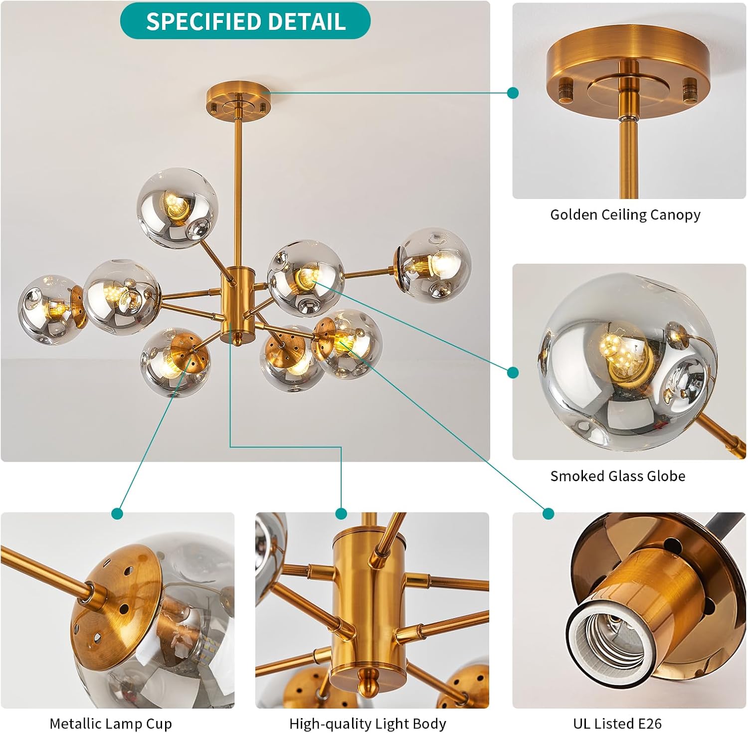 8-Light Gold Sputnik Chandelier – Glass Globes