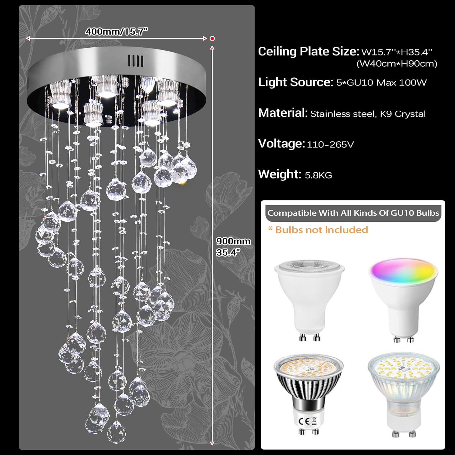 Spiral Crystal Chandelier – Modern Raindrop Flush Mount, 5 Lights