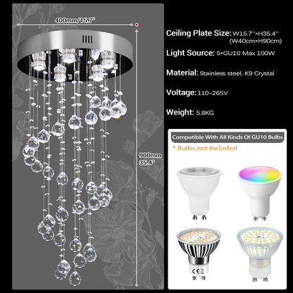 Spiral Crystal Chandelier – Modern Raindrop Flush Mount, 5 Lights