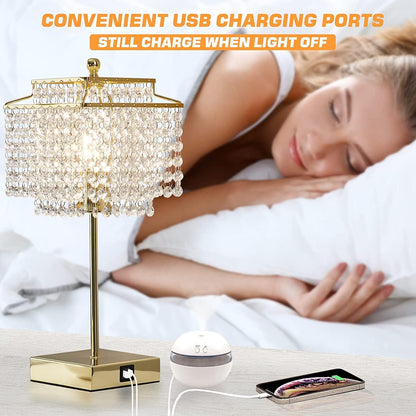Crystal Touch Lamp – Gold, USB, 3-Way Dimmer