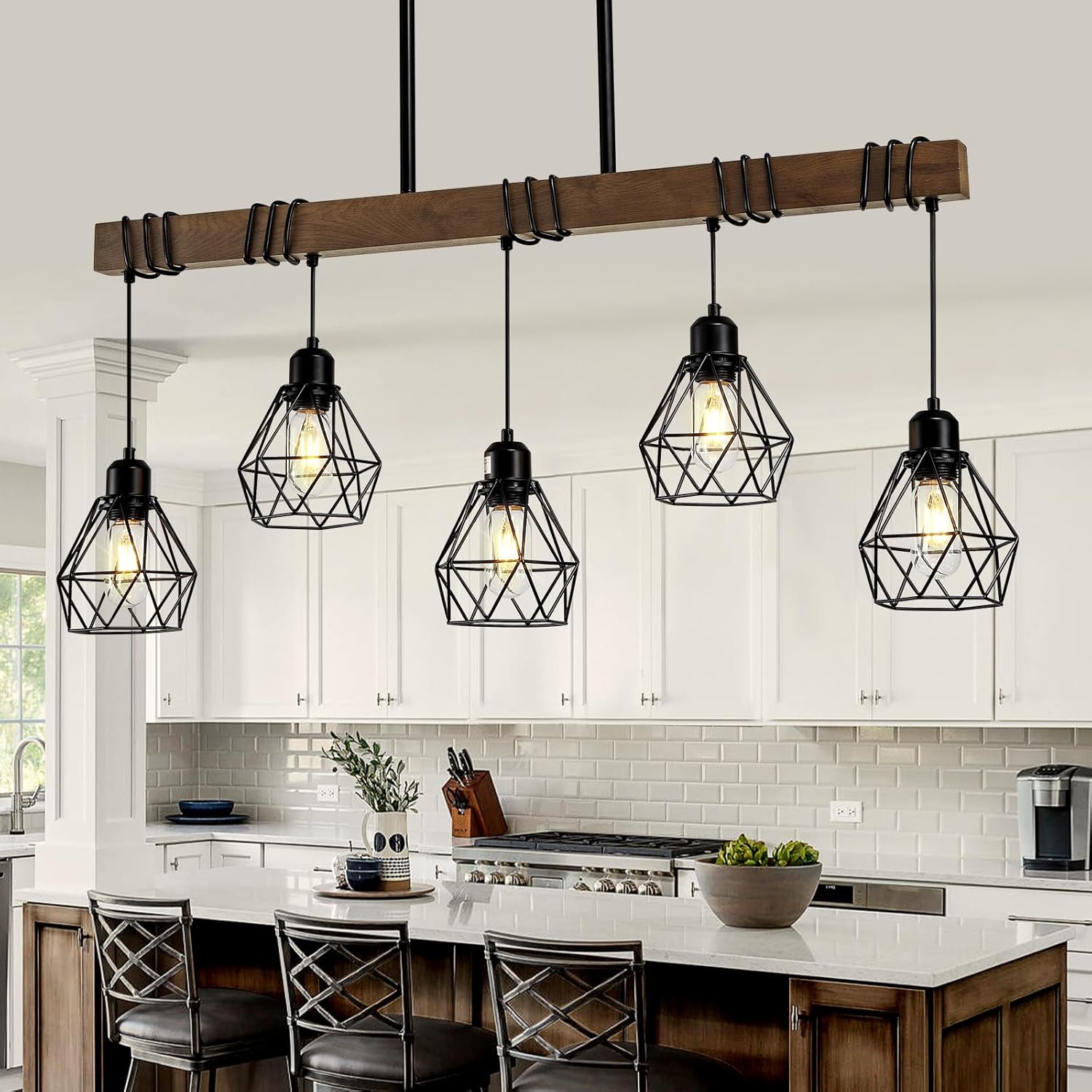 5-Light Farmhouse Wood & Metal Kitchen Chandelier – Black Finish