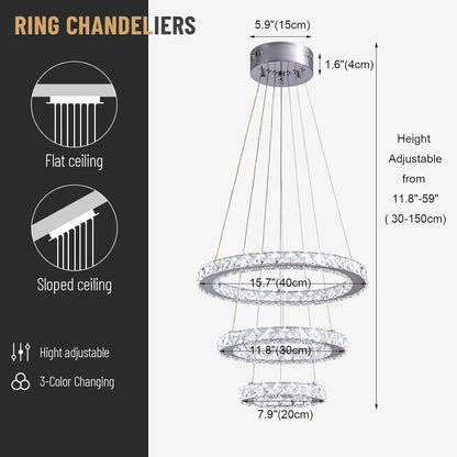 Modern Crystal LED Chandelier – 3-Ring Silver Pendant Light