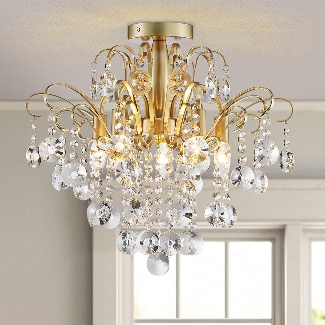 Gold Crystal Flushmount Chandelier – E12 Base