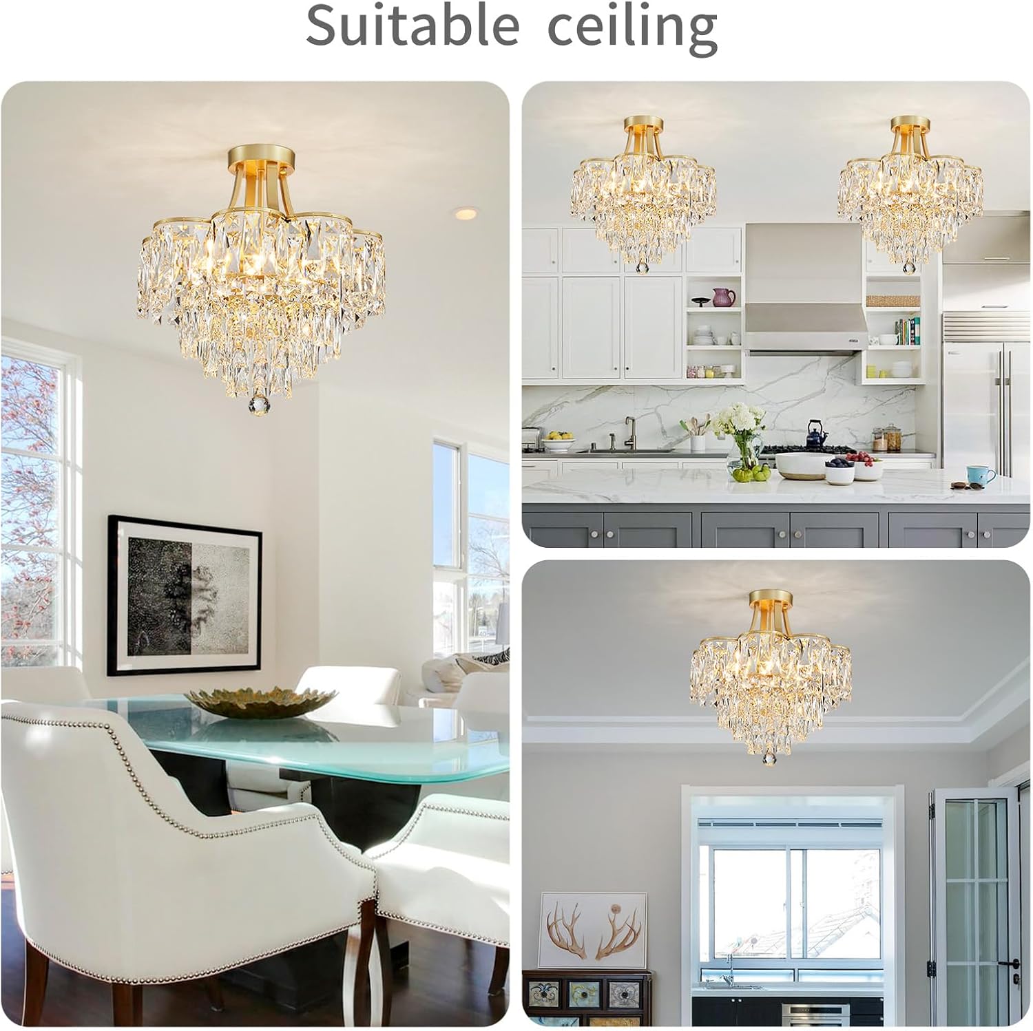 Crystal Chandelier Semi-Flushmount Ceiling Light – Modern Gold Finish
