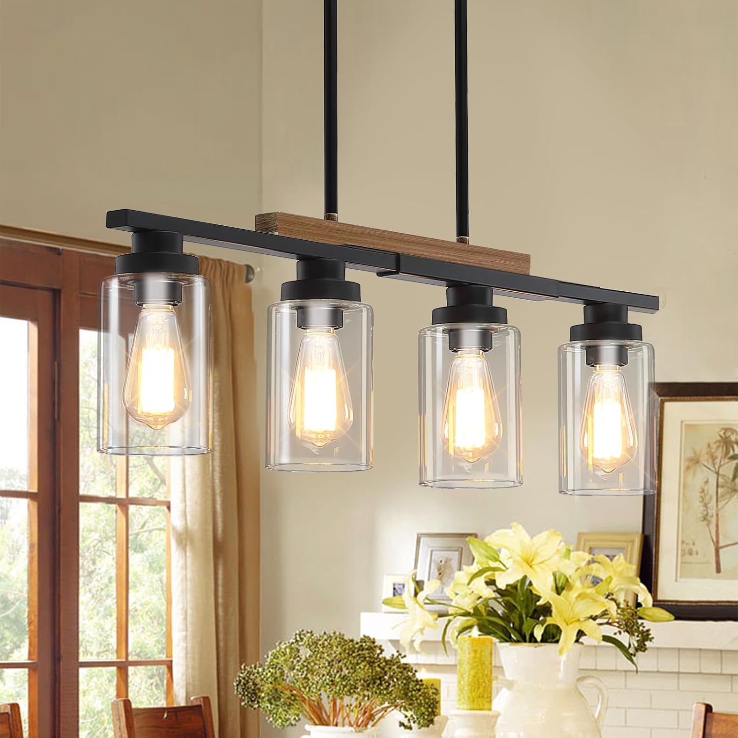 Farmhouse 4-Light Kitchen Island Lighting – Modern Wood Chandelier
