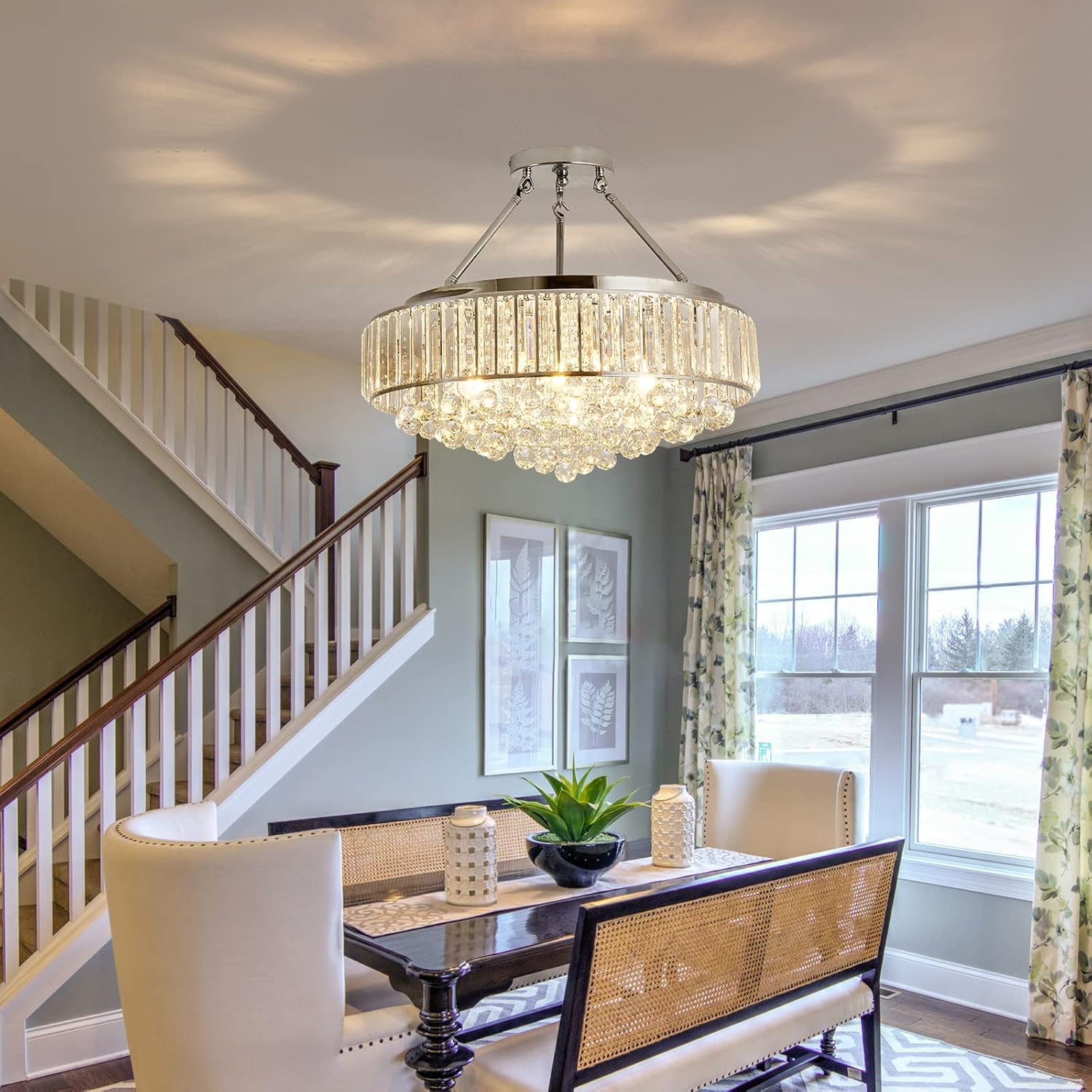 6-Light Chrome Crystal Semi-Flush Mount Chandelier