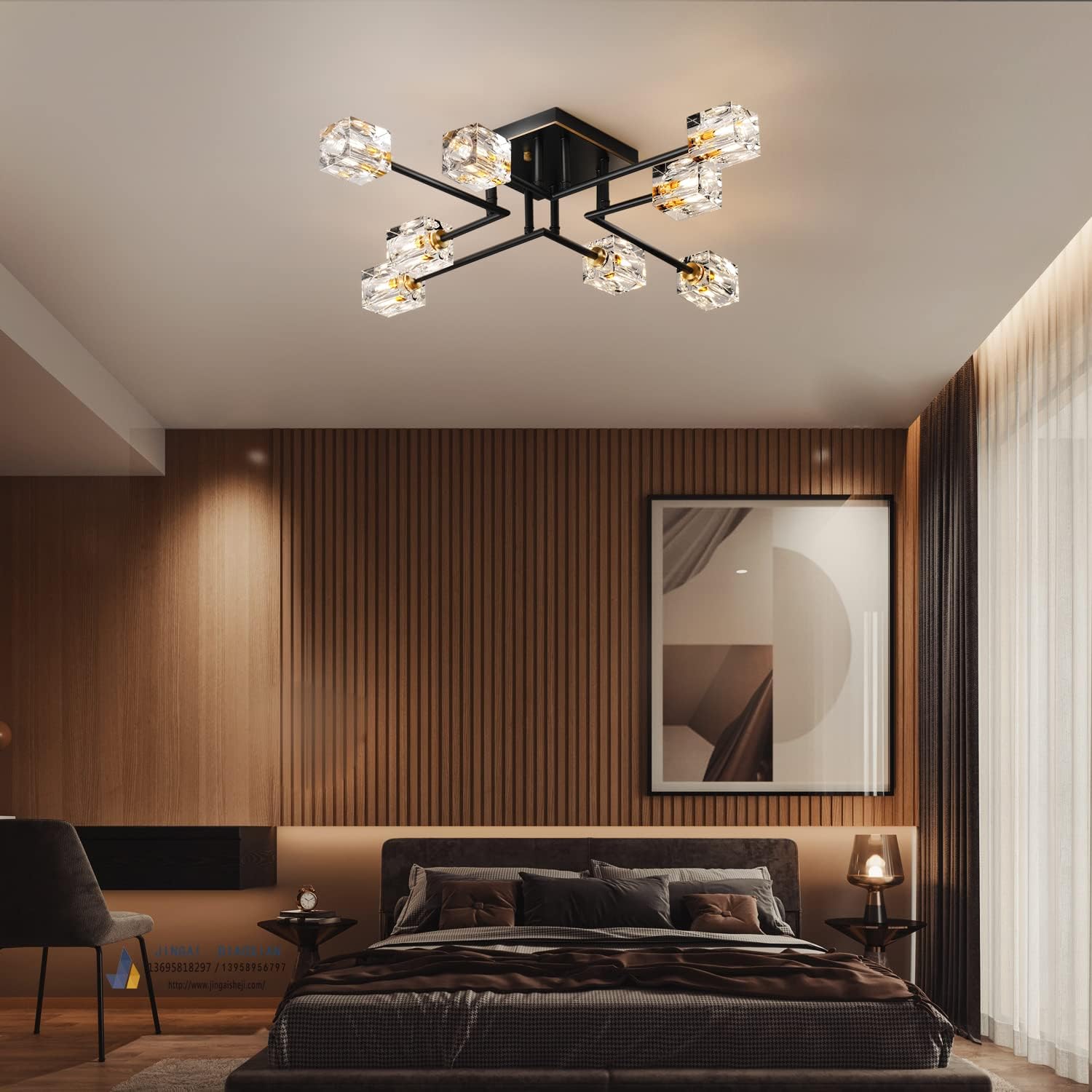 8-Light Crystal Ceiling Light – Black & Gold