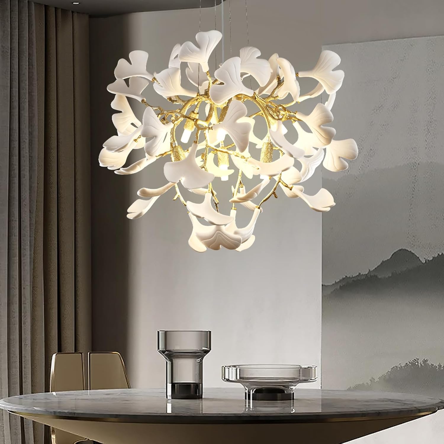 Gold Tree Branch Ginkgo Leaf Chandelier 36"