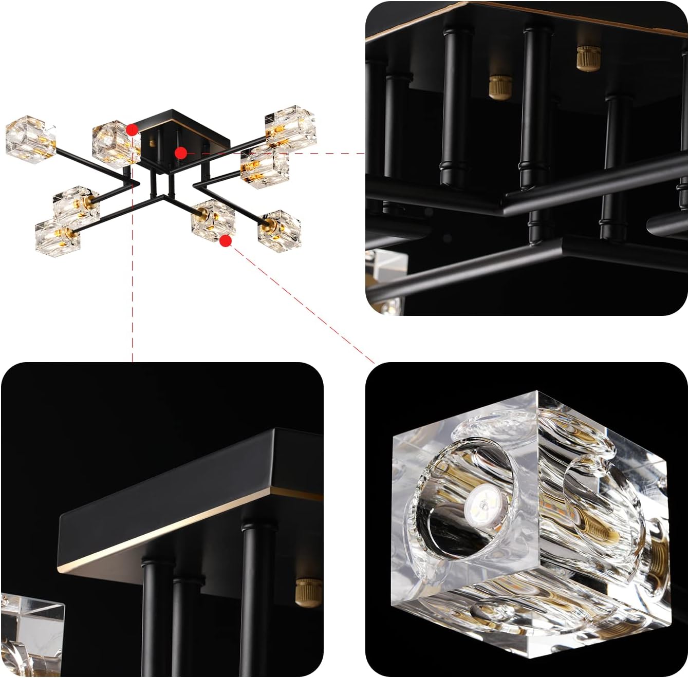 8-Light Crystal Ceiling Light – Black & Gold