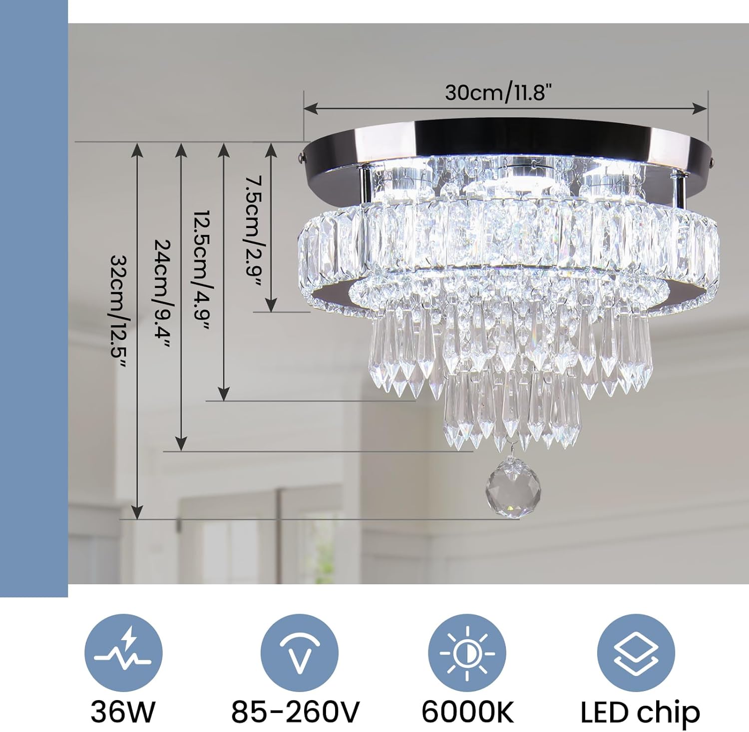 11.8" Modern LED Crystal Chandelier – Flush Mount with K9 Crystals