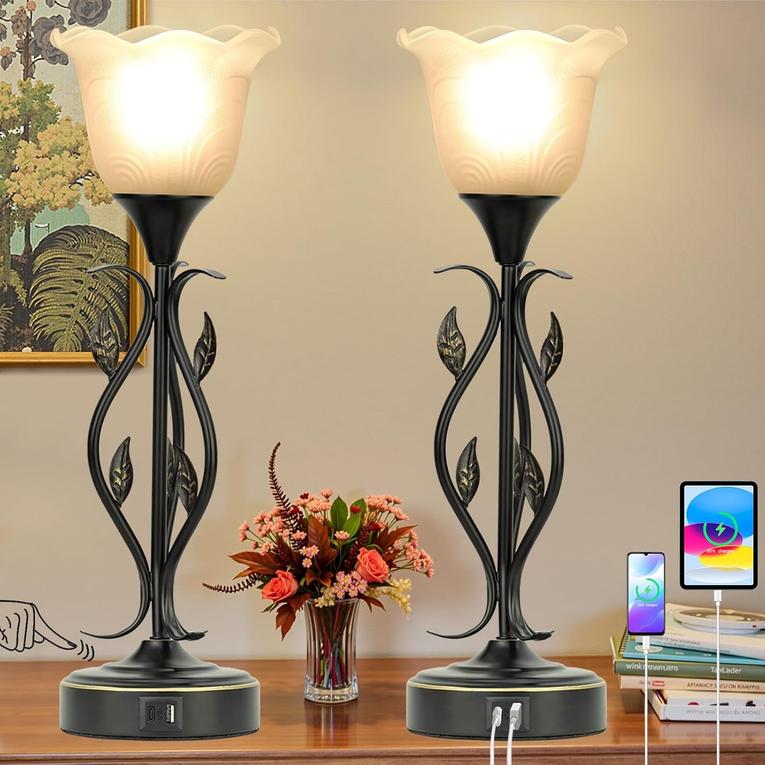 Set of 2 Bedside Lamps – USB, 3-Way Dimmable