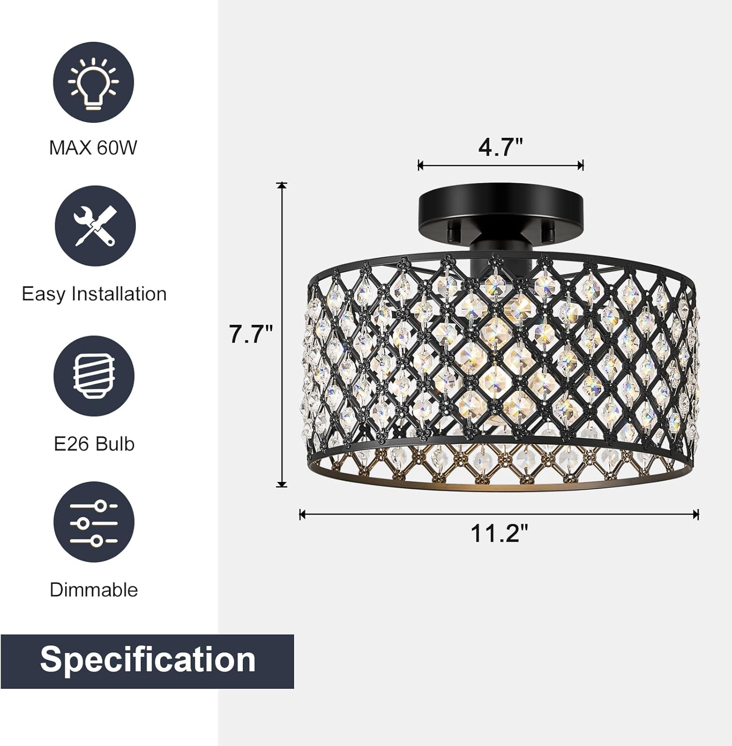 Black Crystal Ceiling Light – 11.2" Round Fixture