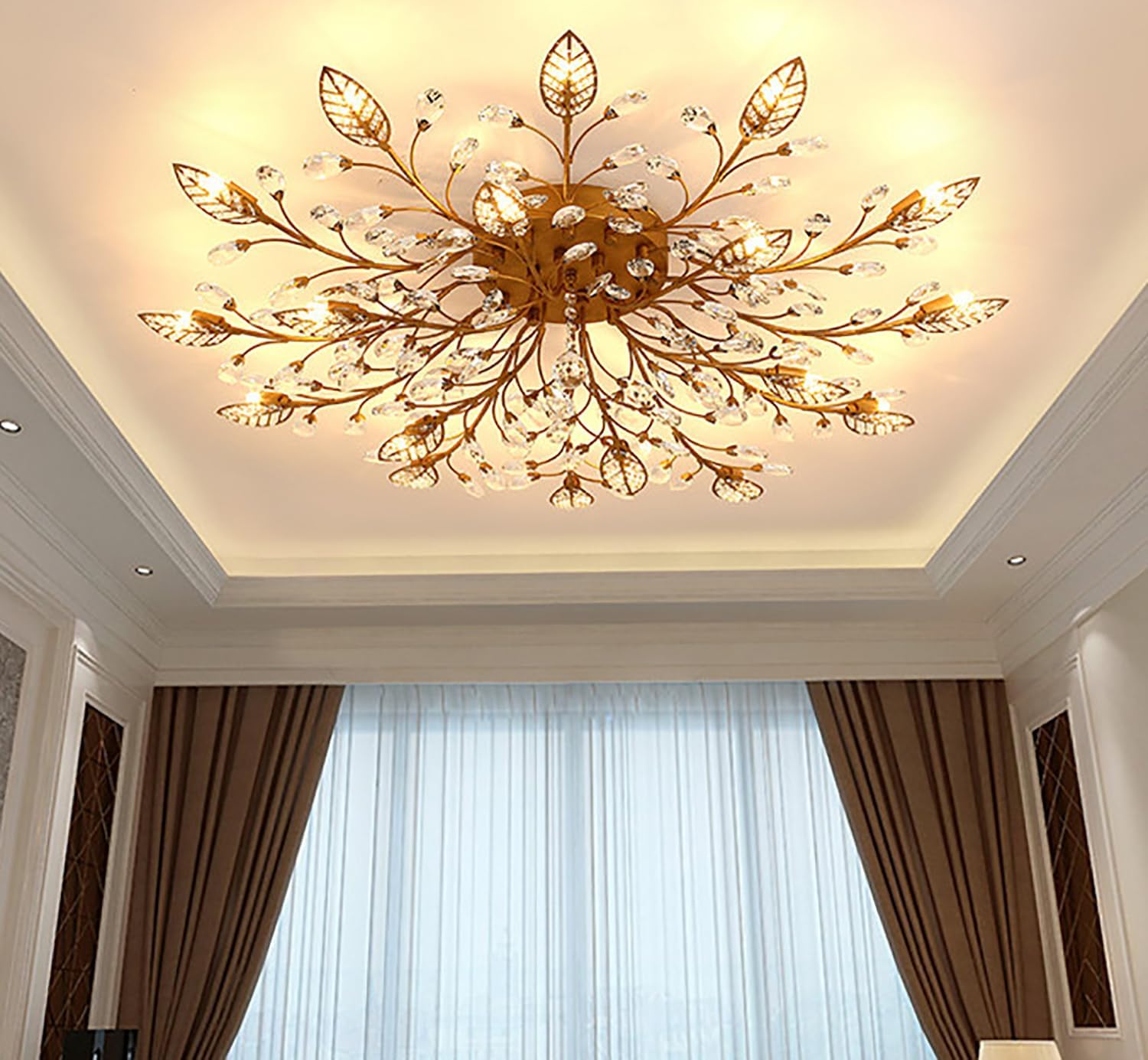 15-Light Gold Modern Crystal Leaf Ceiling Light – Semi Flush Mount