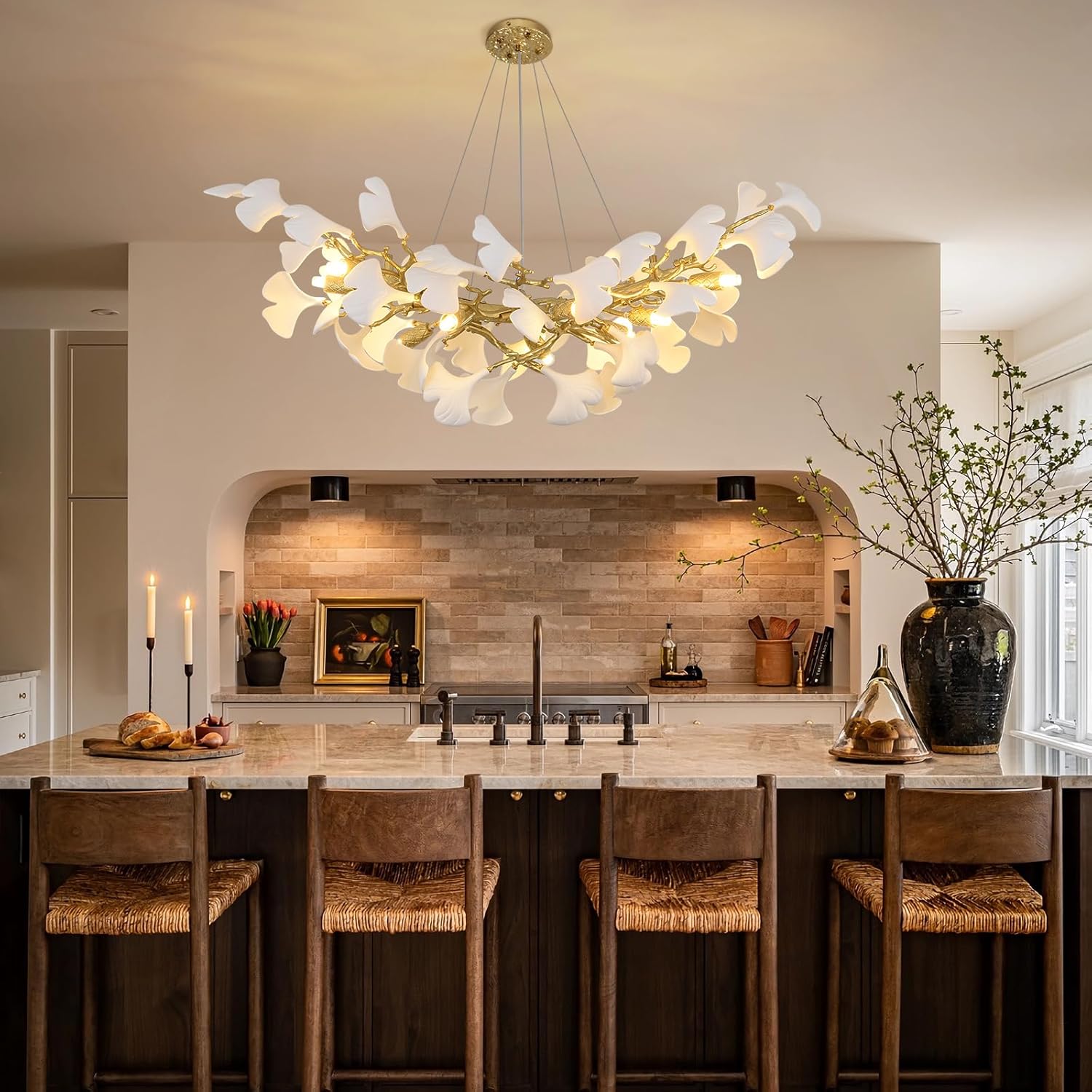 Gold Tree Branch Ginkgo Leaf Chandelier 36"