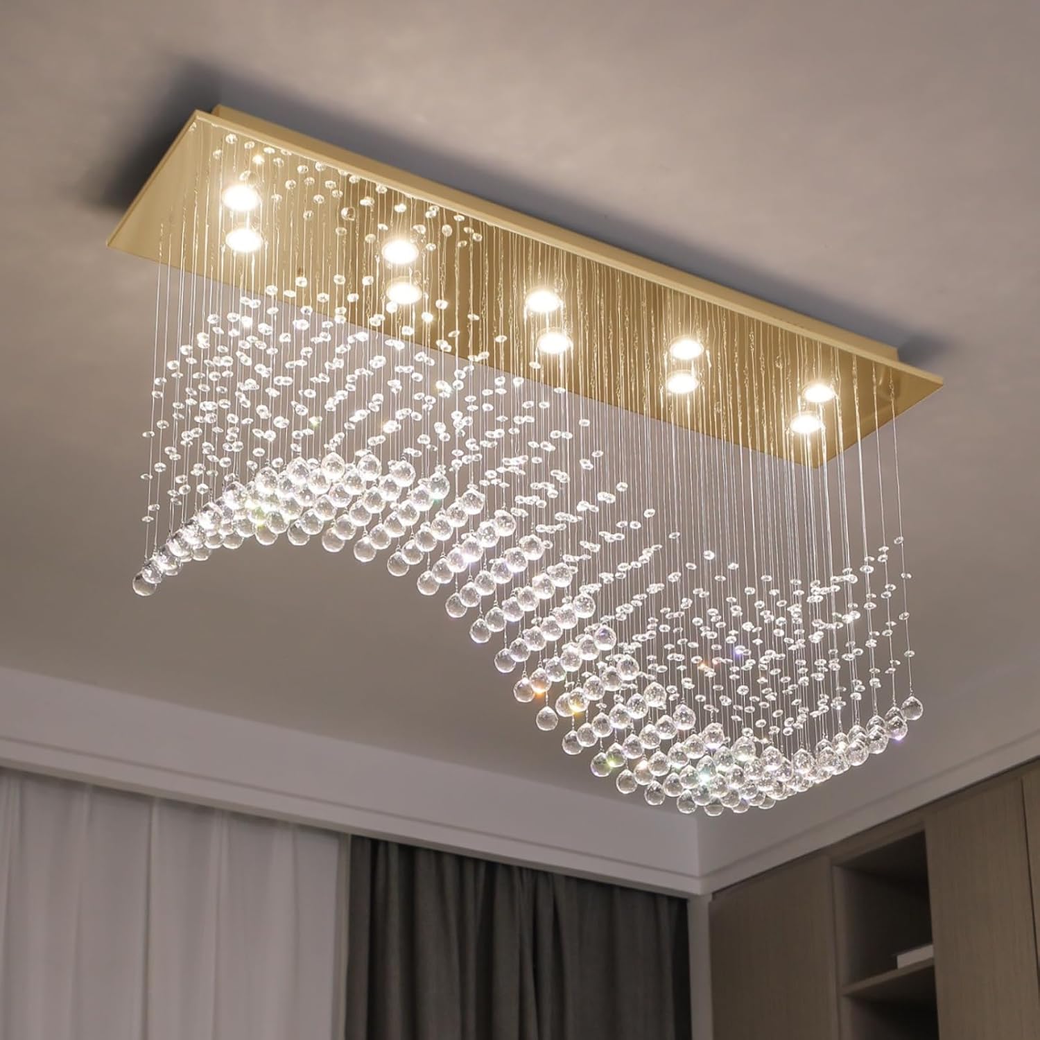 Gold Wave Crystal Chandelier 8-Light Rectangle