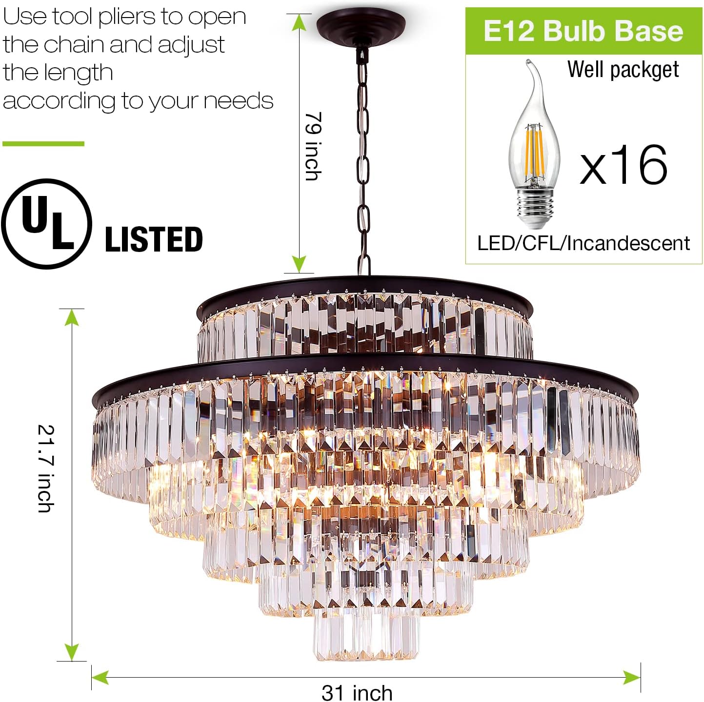 31" Oil Brown 6-Tier K9 Crystal Chandelier