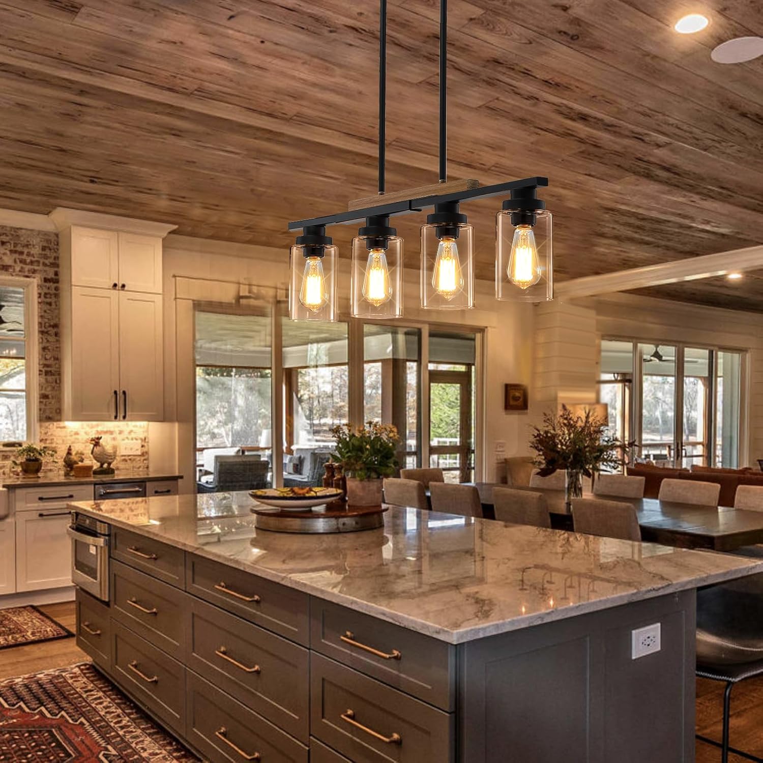 Farmhouse 4-Light Kitchen Island Lighting – Modern Wood Chandelier
