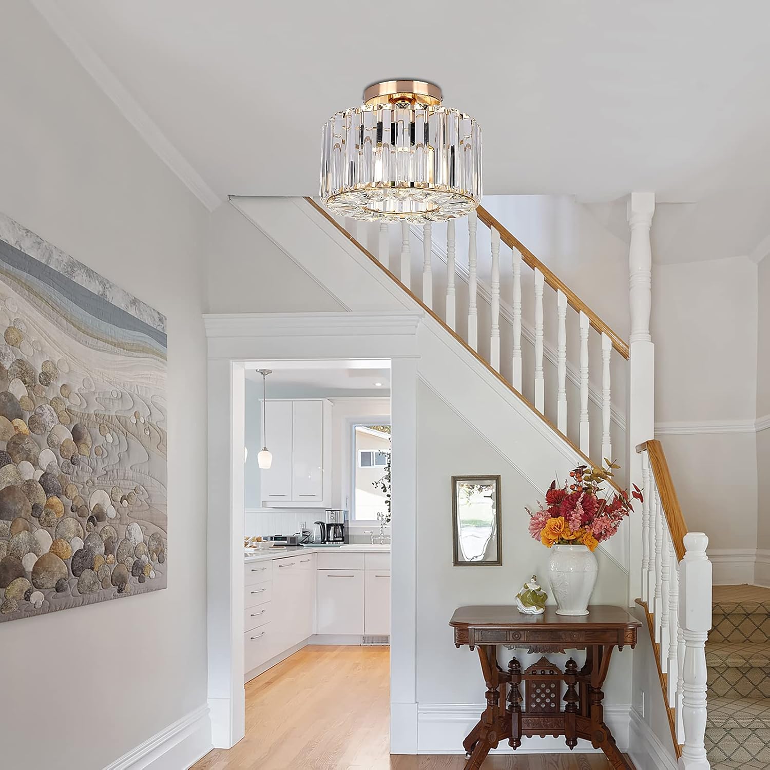 Gold Crystal Semi Flush Ceiling Light Fixture