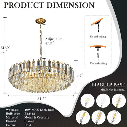 31.5" Gold 3-Tier Crystal Chandelier, 12-Light