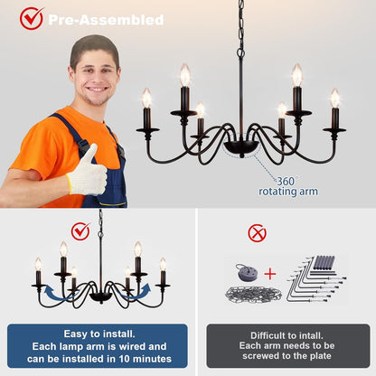 6-Light Farmhouse Chandelier – Black Industrial Finish