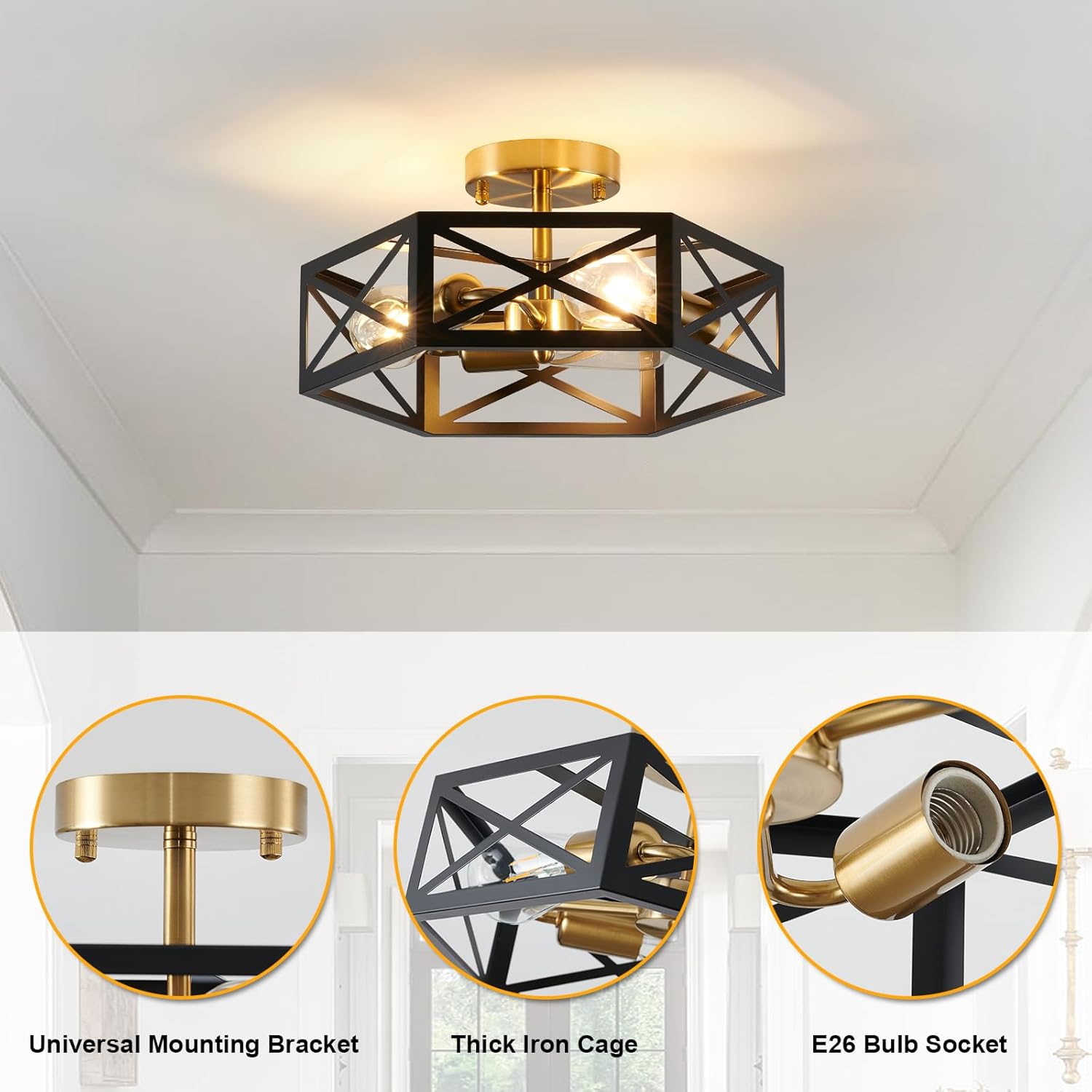 Modern 3-Light Black Gold Ceiling Fixture