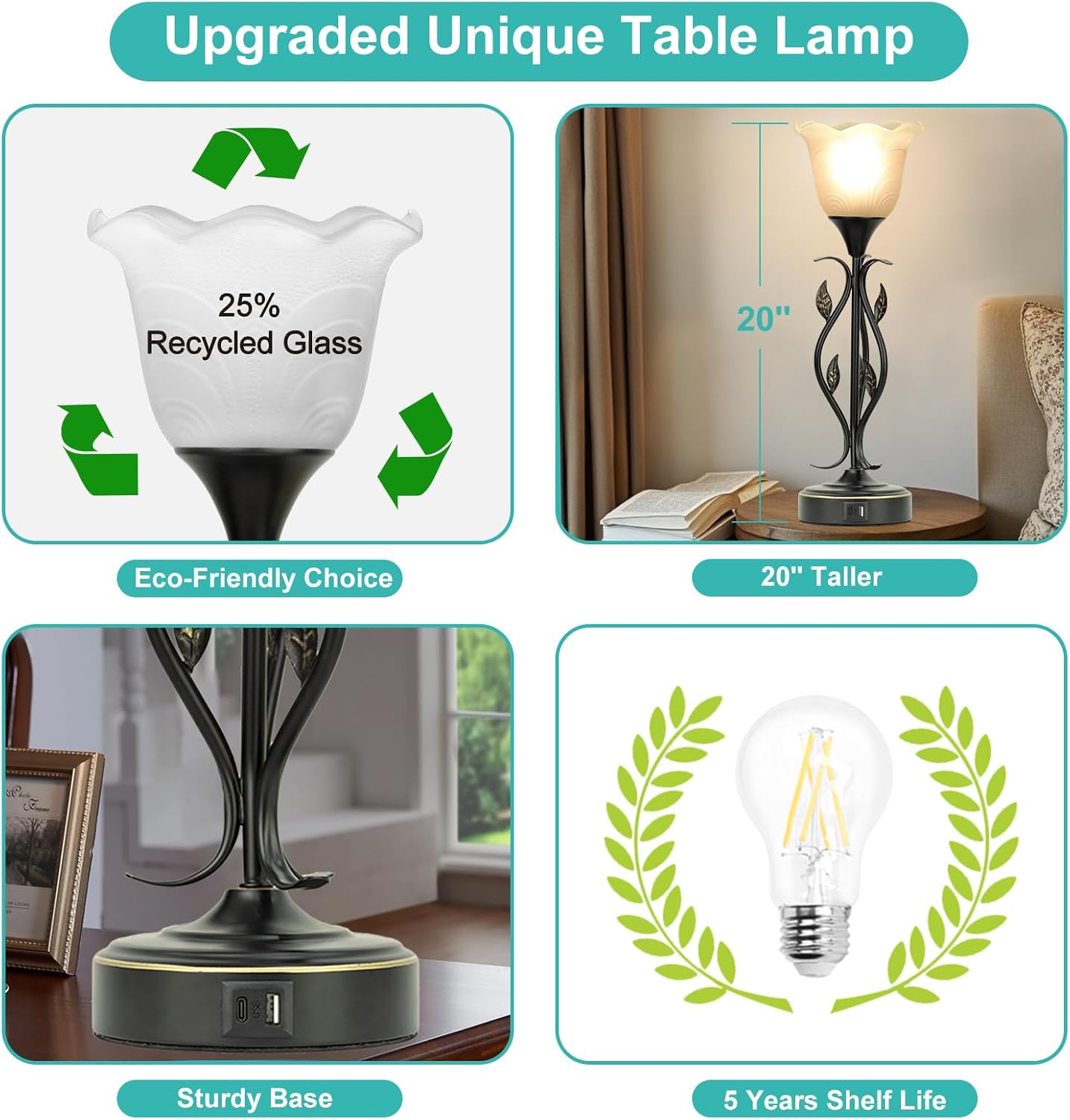 Set of 2 Bedside Lamps – USB, 3-Way Dimmable