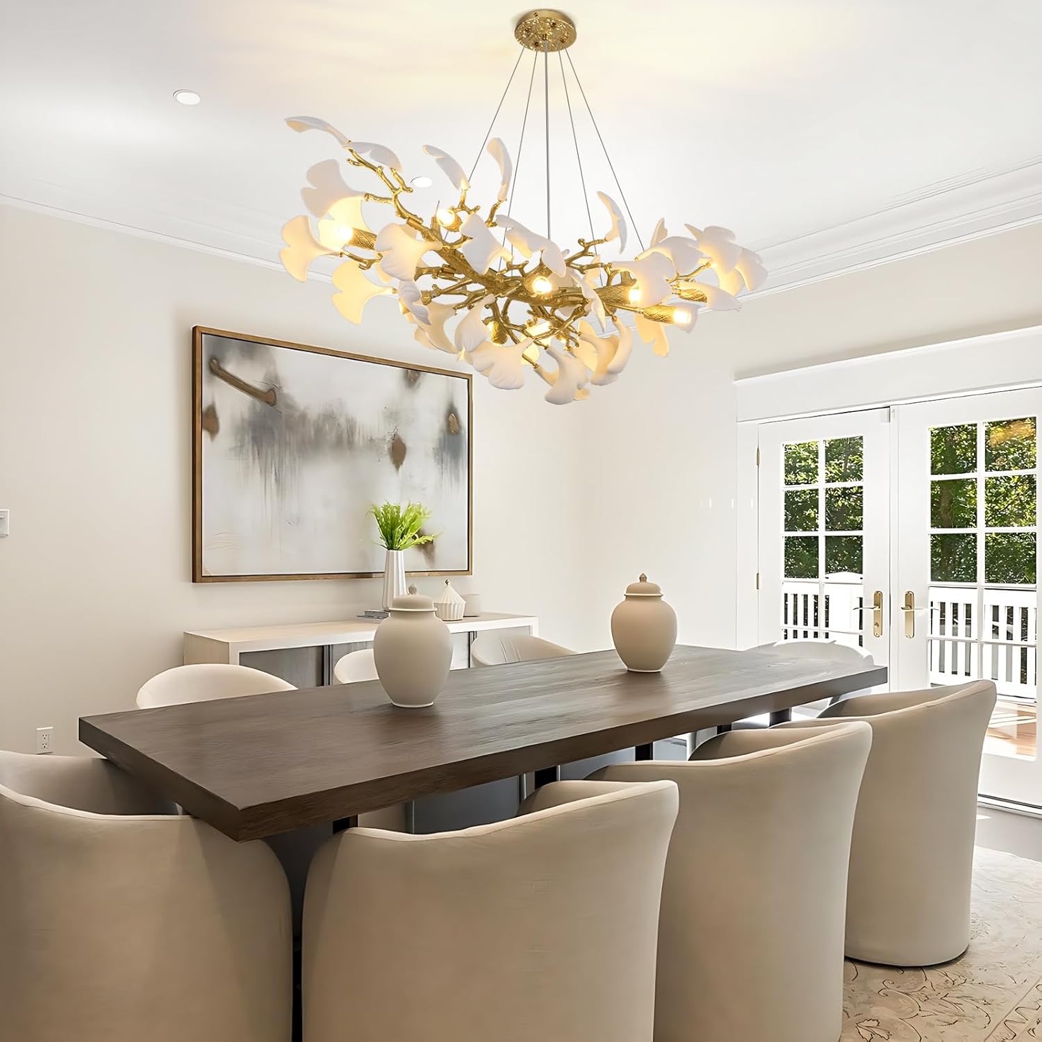 Gold Tree Branch Ginkgo Leaf Chandelier 36"