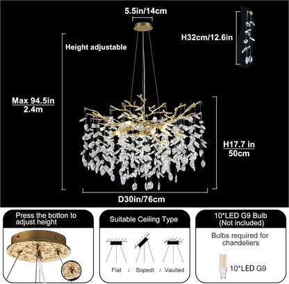 Modern Crystal Chandelier – 30" Gold K9 Crystal Tree Branches, 10-Light