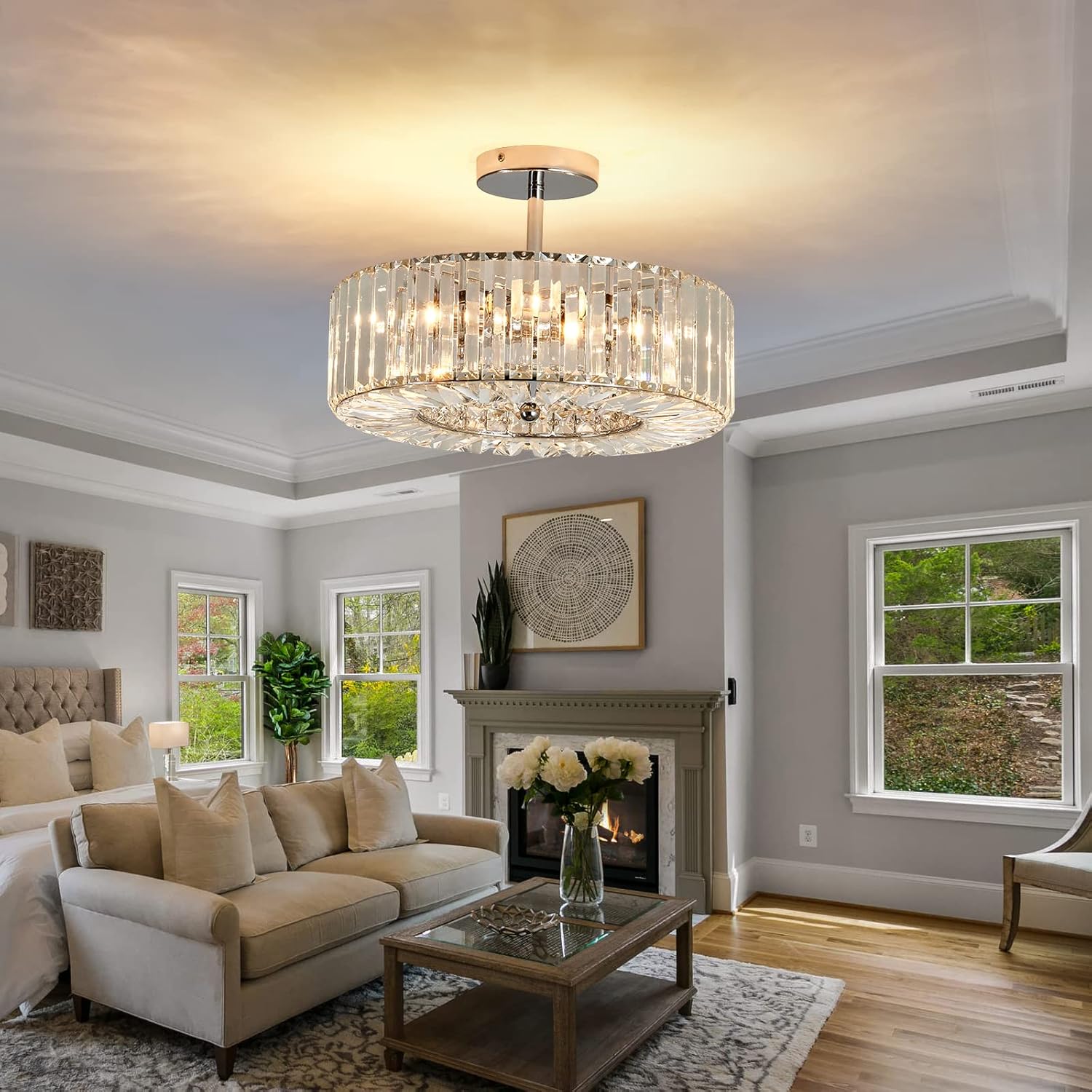 4-Light Chrome Crystal Semi-Flush Mount Chandelier