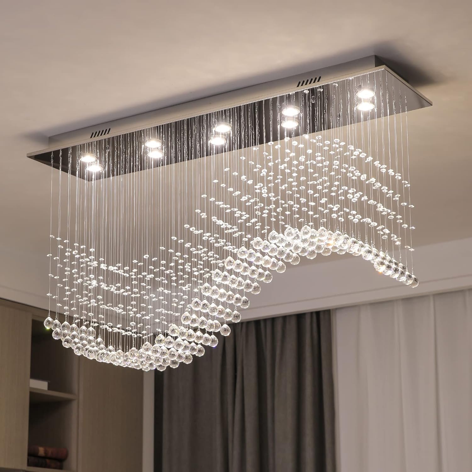 Gold Wave Crystal Chandelier 8-Light Rectangle