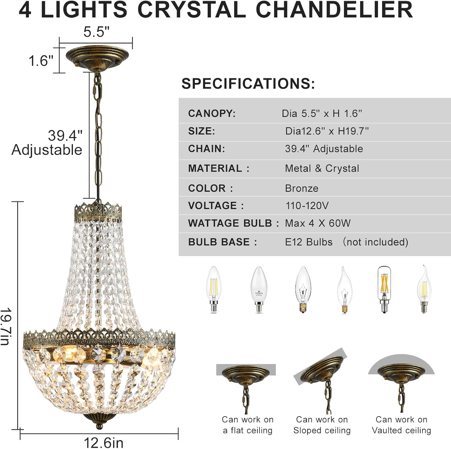 4-Light French Empire Mini Crystal Chandelier – Bronze Finish