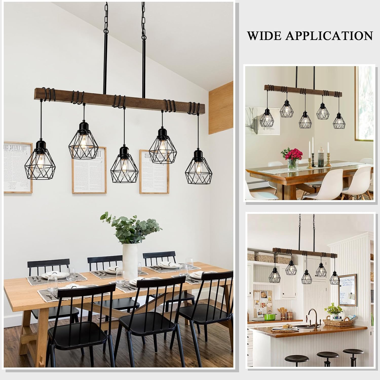 5-Light Farmhouse Wood & Metal Kitchen Chandelier – Black Finish