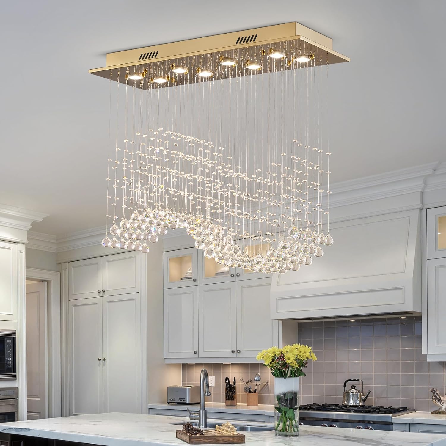 Gold Wave Crystal Chandelier 8-Light Rectangle