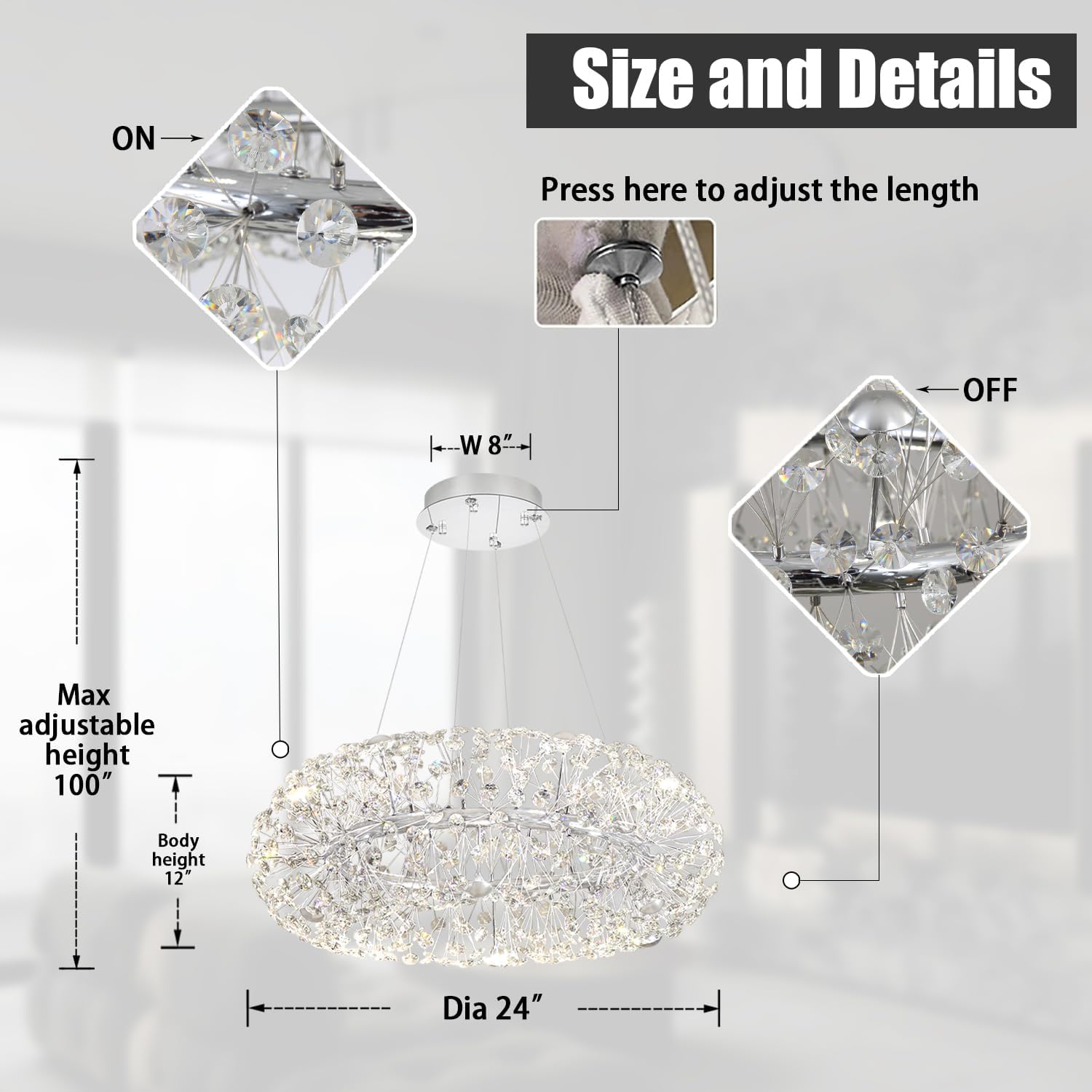 24" Firework Crystal Round Chandelier Chrome