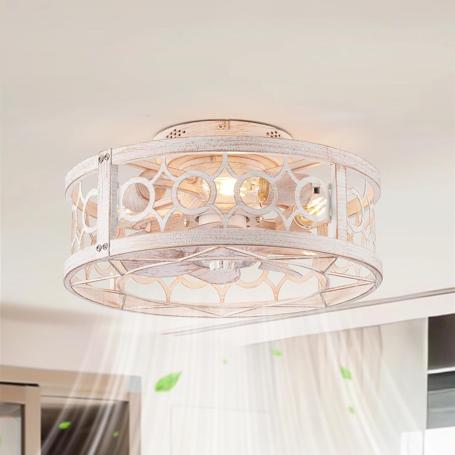 Caged Ceiling Fan with Light and Remote – 16" Low Profile