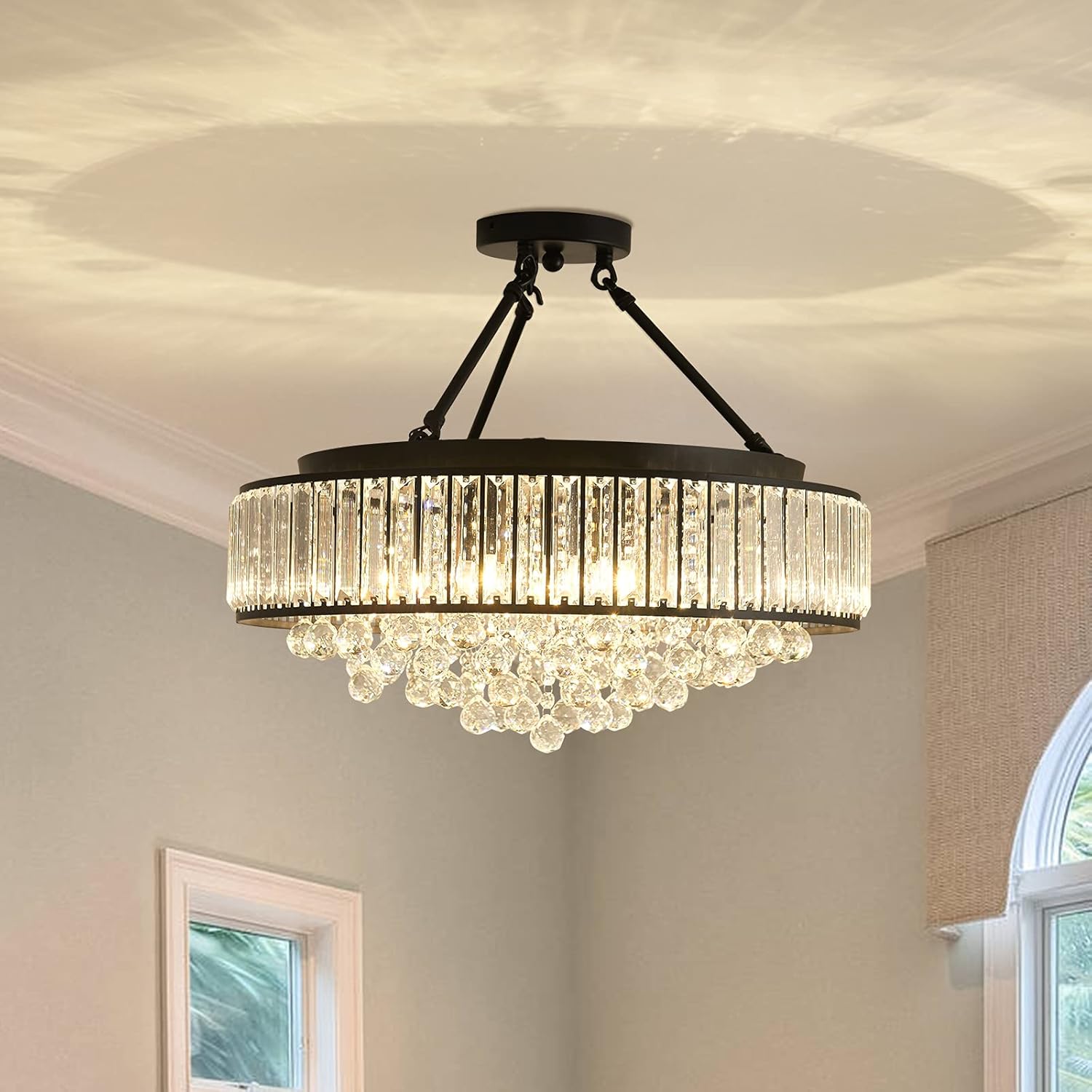 6-Light Chrome Crystal Semi-Flush Mount Chandelier