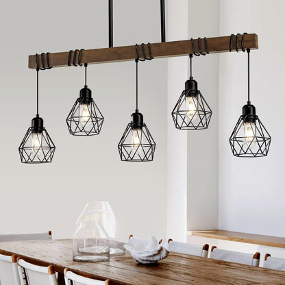 5-Light Farmhouse Wood & Metal Kitchen Chandelier – Black Finish