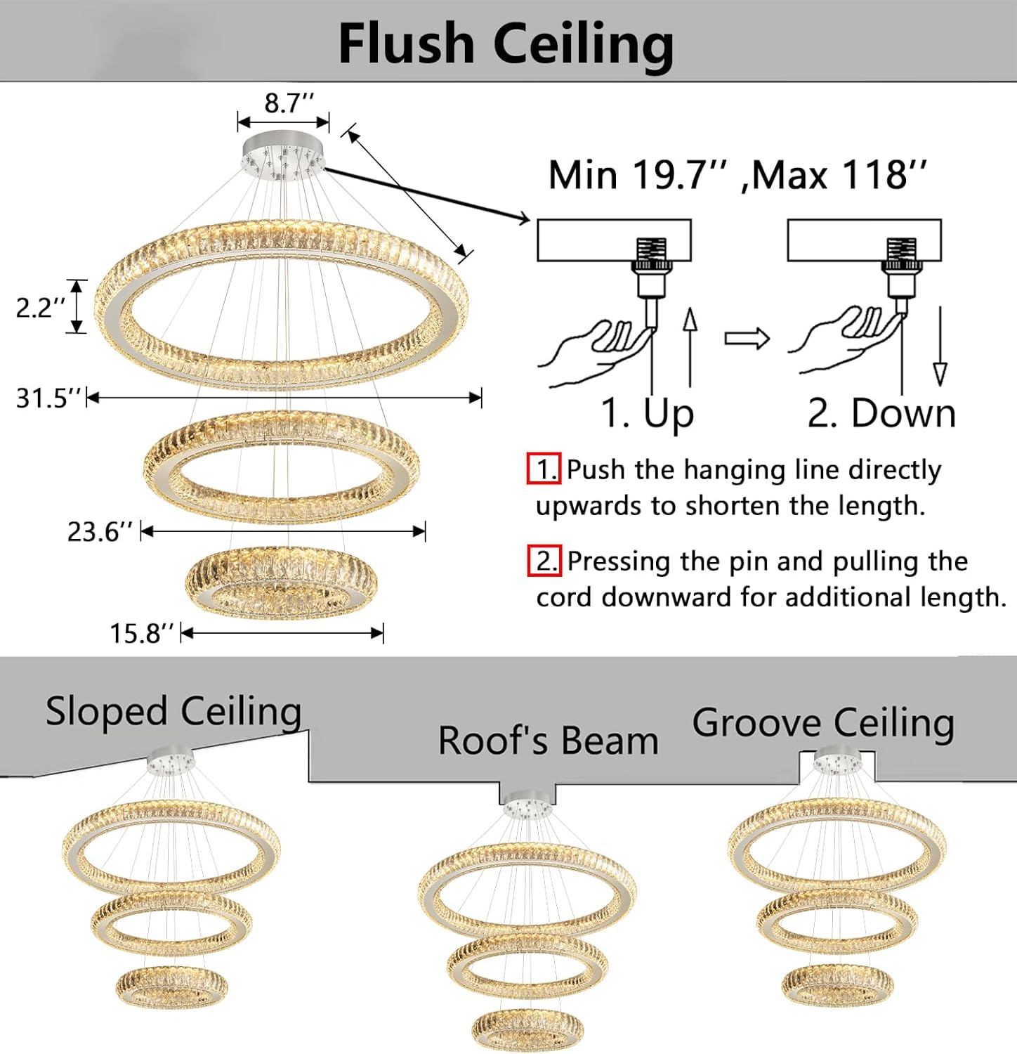 Modern 3-Ring Crystal LED Chandelier