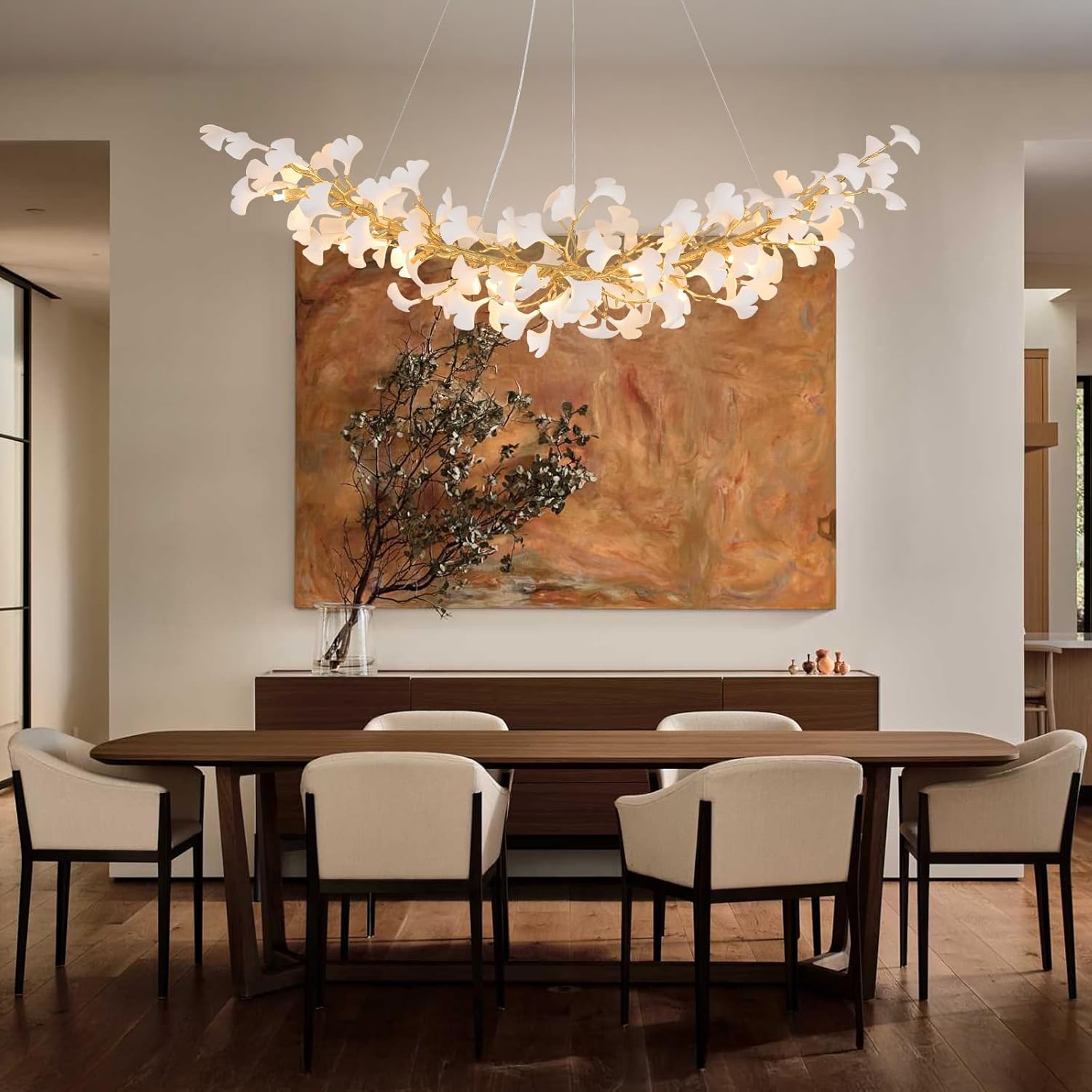 Gold Tree Branch Ginkgo Leaf Chandelier 36"