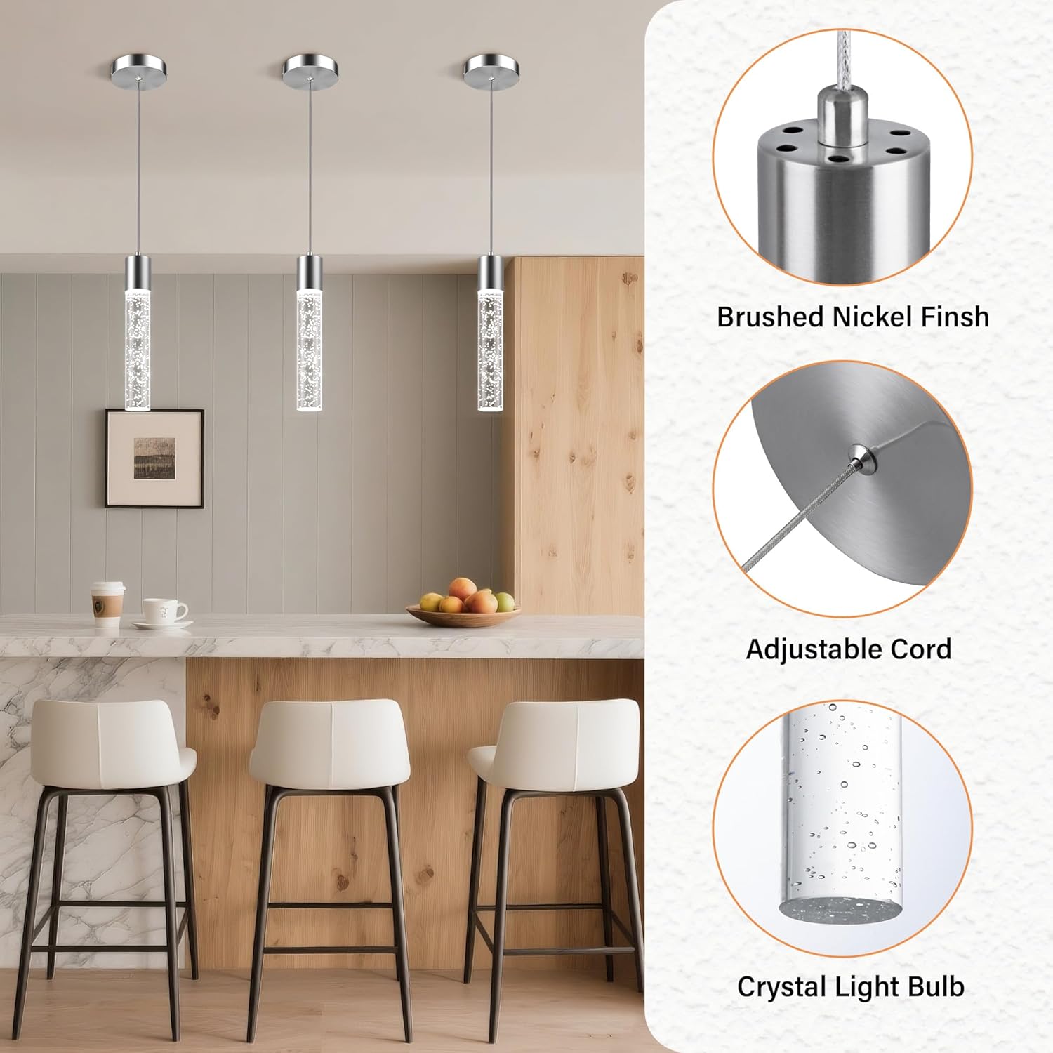 3-Pack Modern LED Pendant Lights – 6500K Crystal Bubble Design