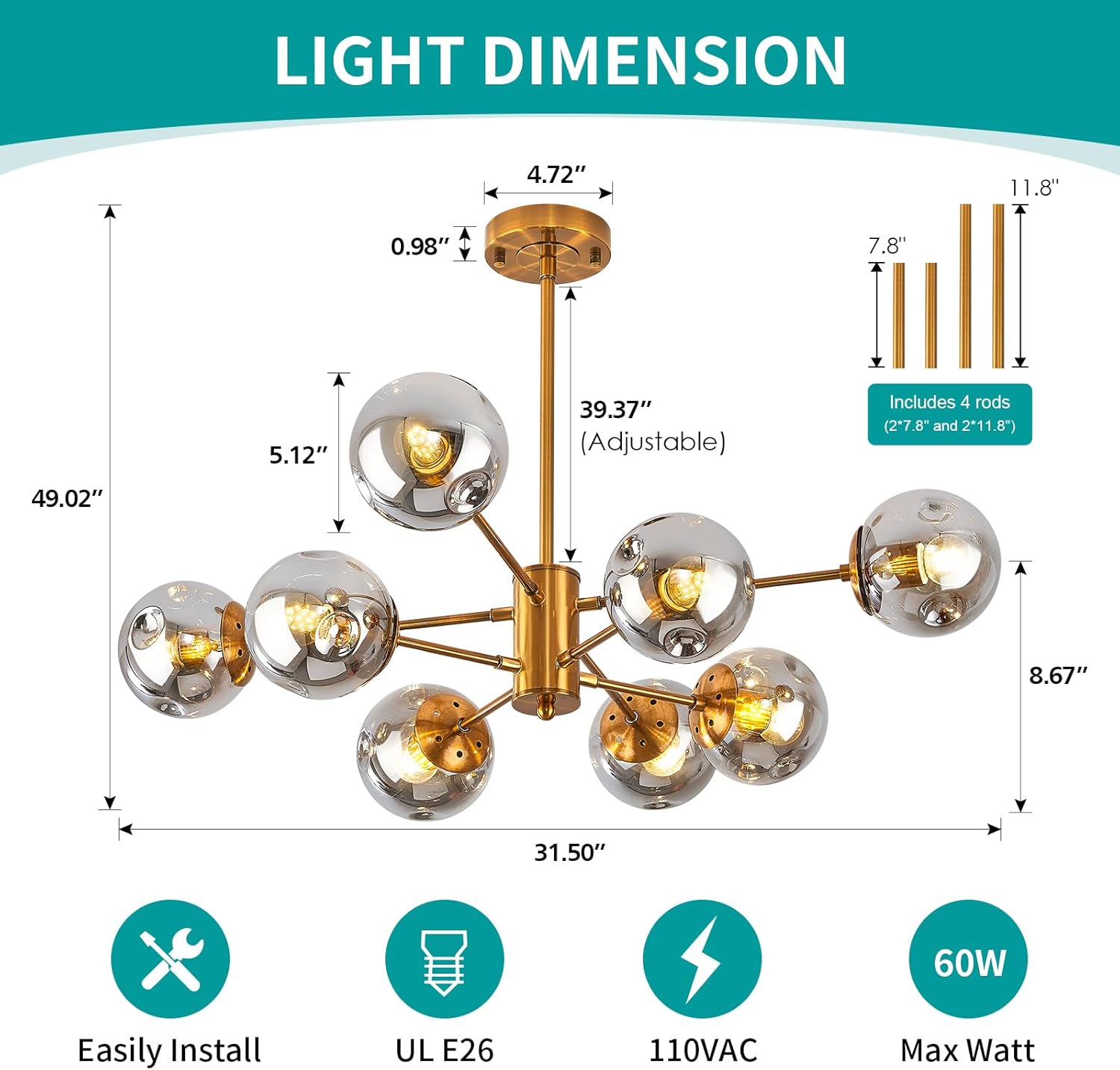 8-Light Gold Sputnik Chandelier – Glass Globes