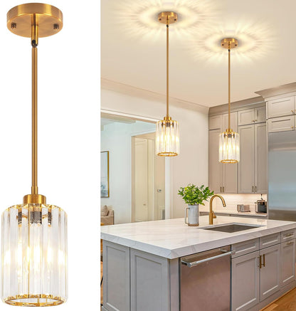 2-Pack Vintage Pendant Lights – Brass Finish with Clear Striped Glass