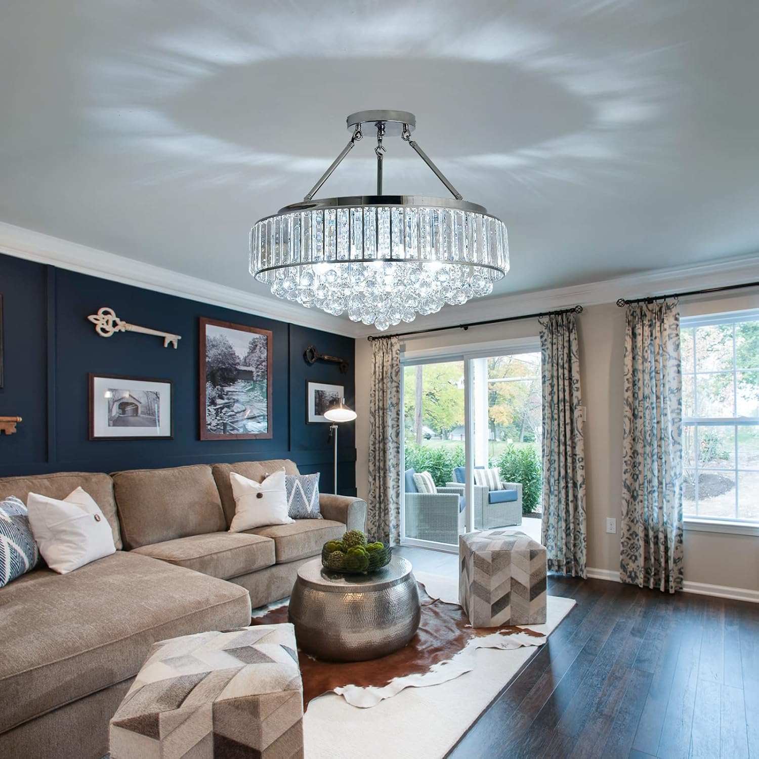 6-Light Chrome Crystal Semi-Flush Mount Chandelier