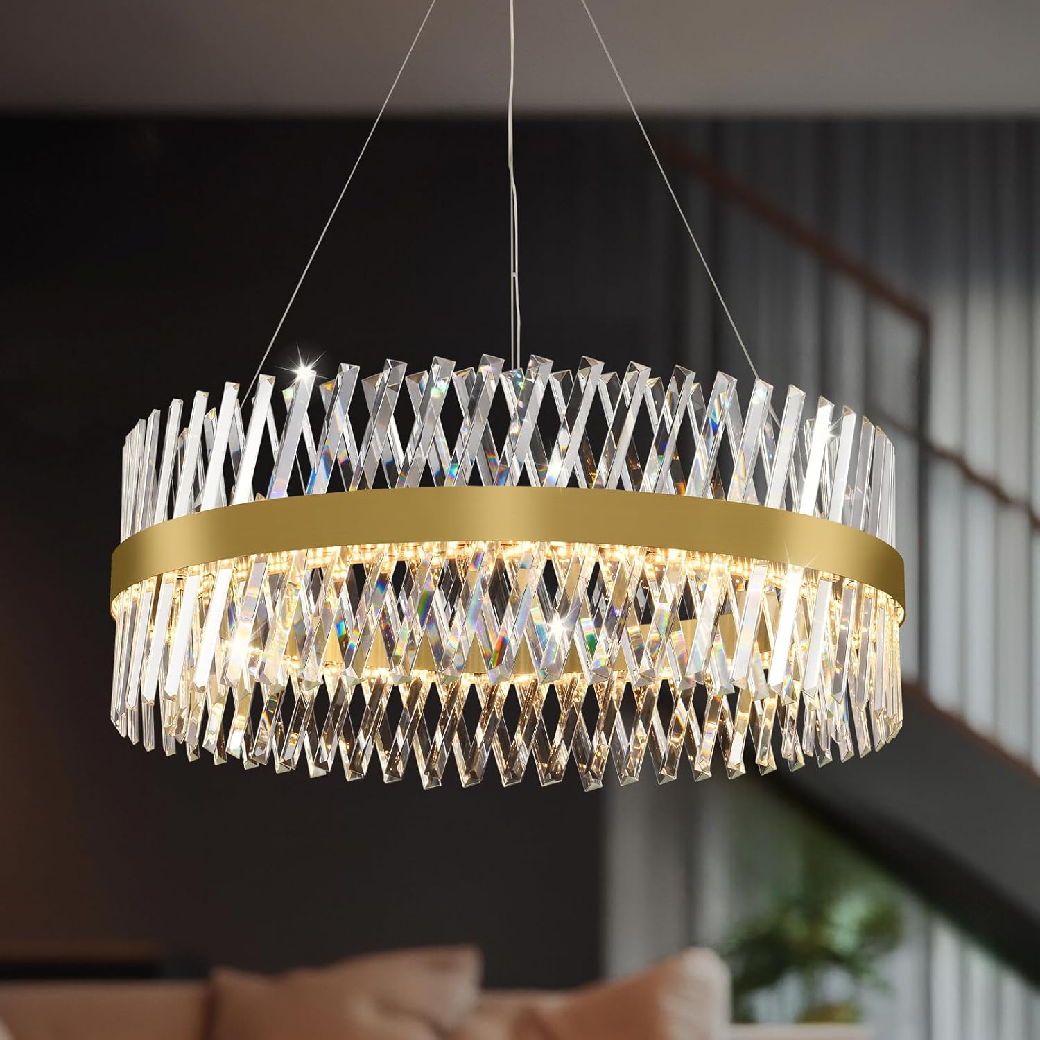 32" Modern Gold Crystal Chandelier – Luxury Round Pendant