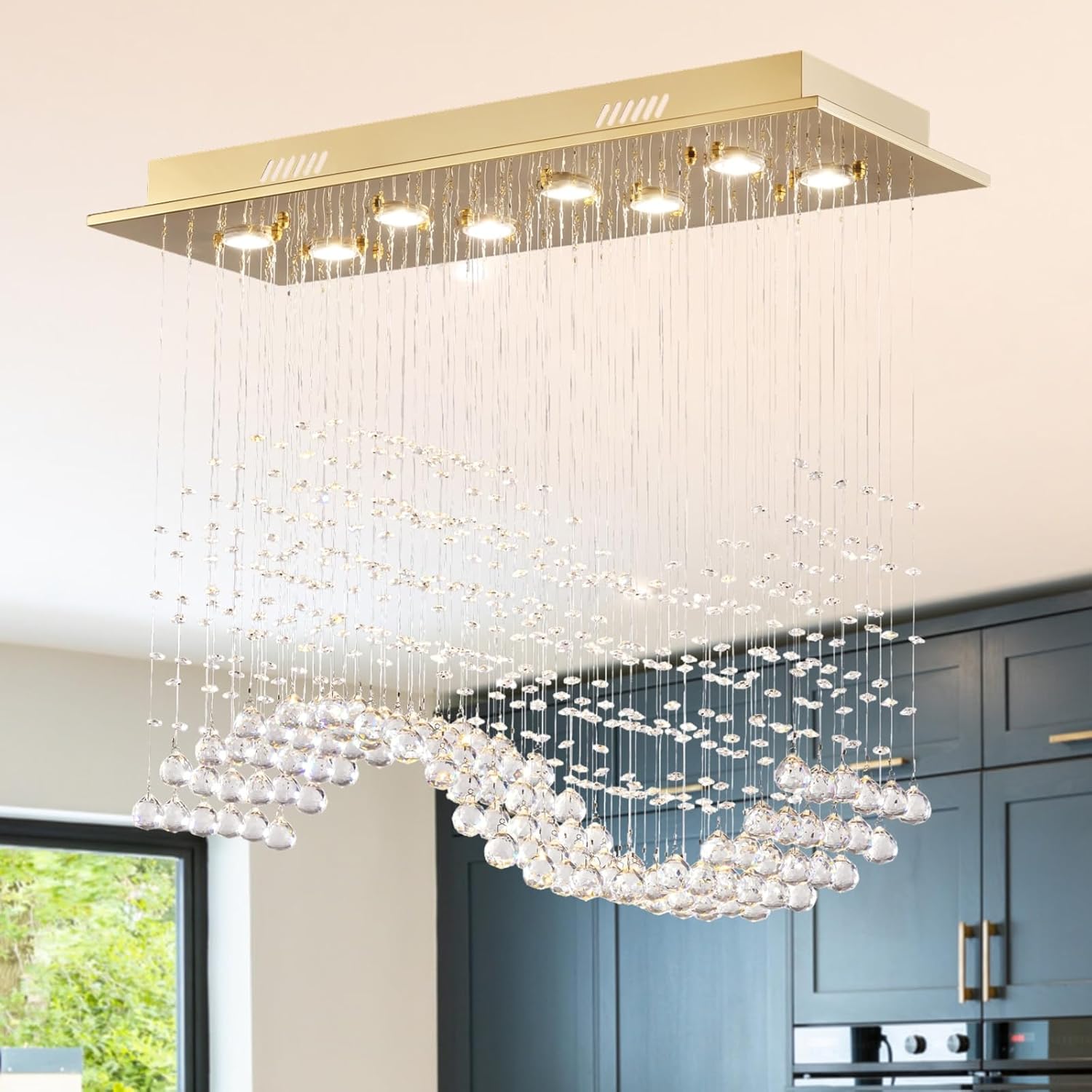 Gold Wave Crystal Chandelier 8-Light Rectangle