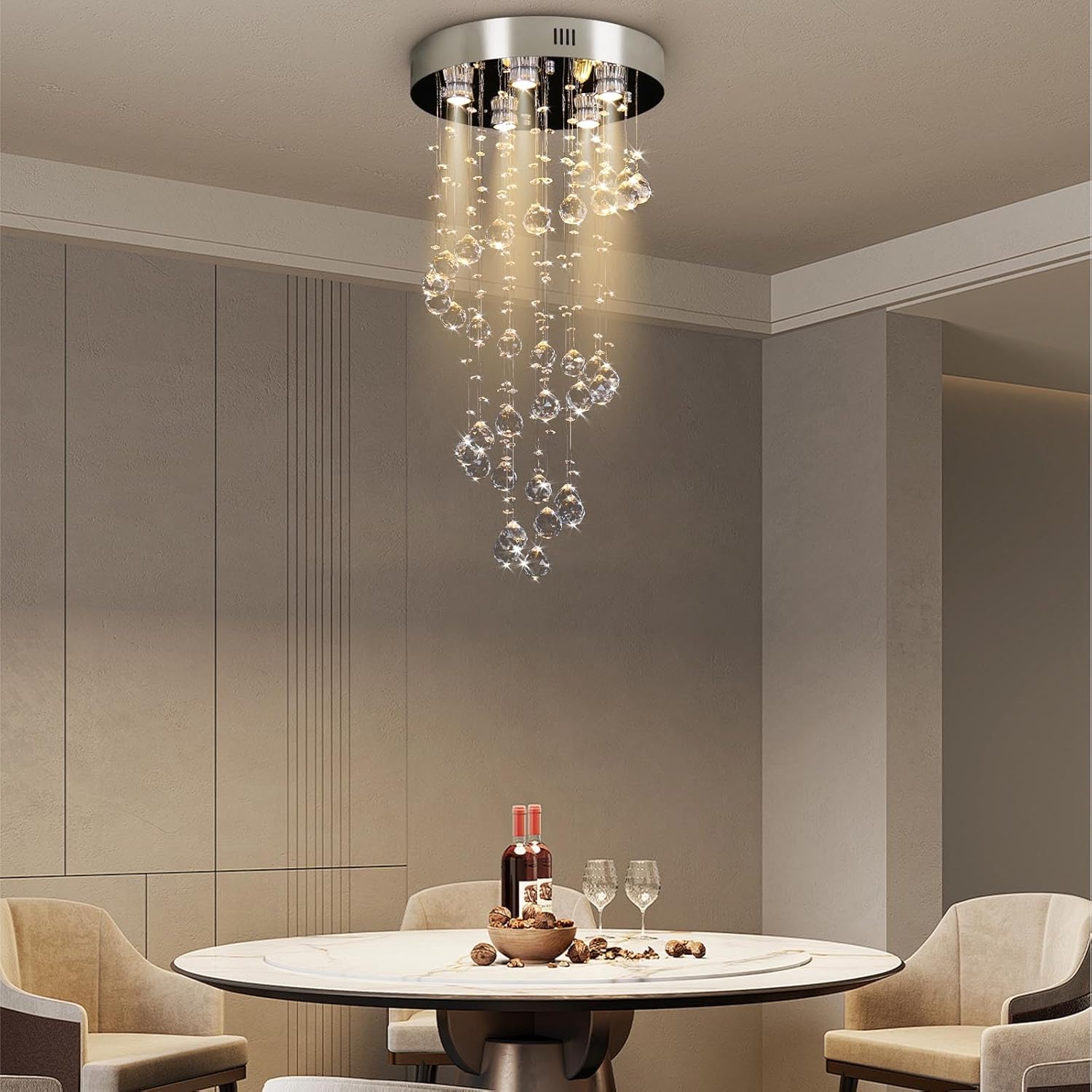 Spiral Crystal Chandelier – Modern Raindrop Flush Mount, 5 Lights